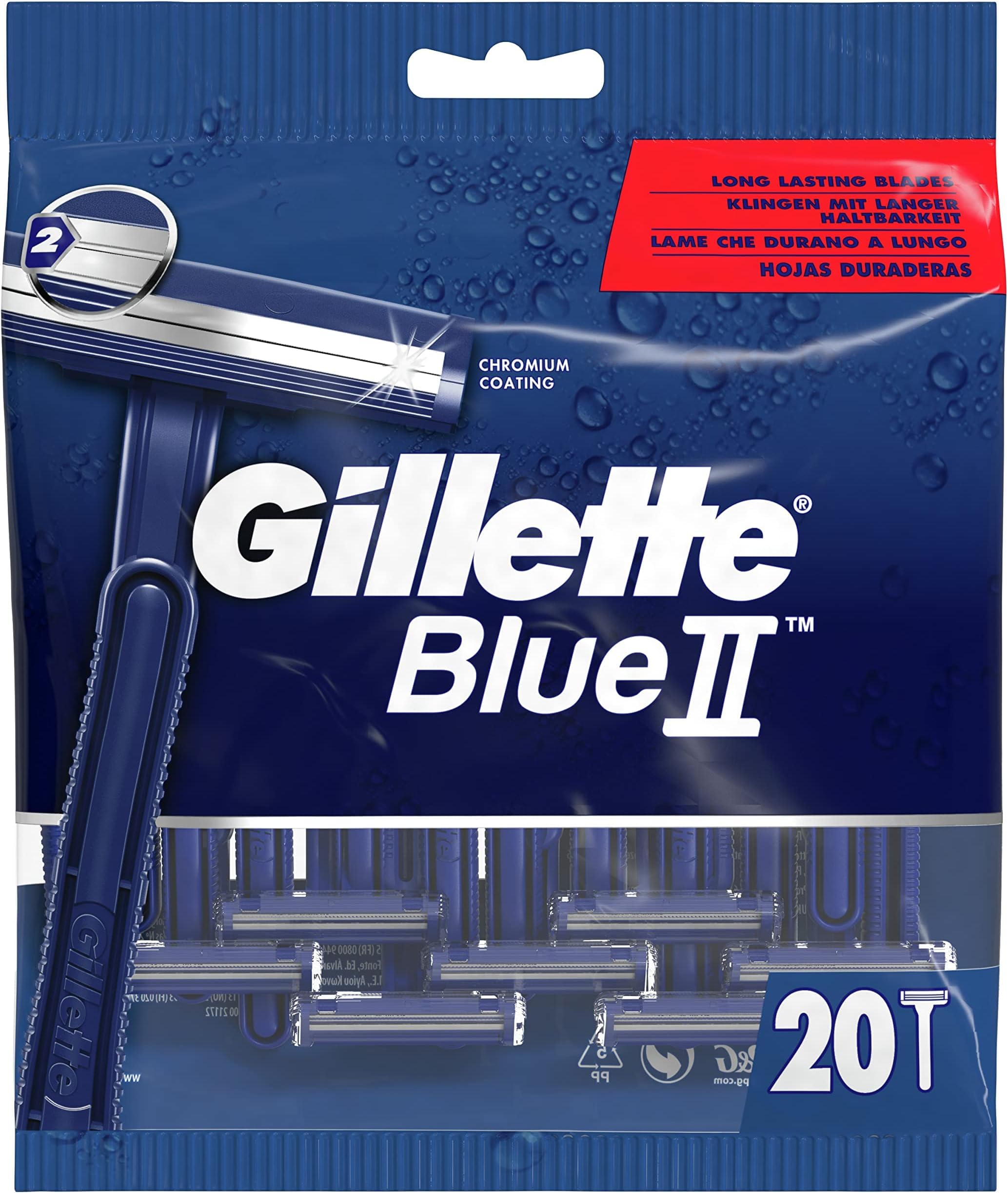 Gillette Blue II Einwegrasierer Männer, 20 Rasierer mit 2-fach Klinge, fixierter Klingenkopf (Packung mit 5)