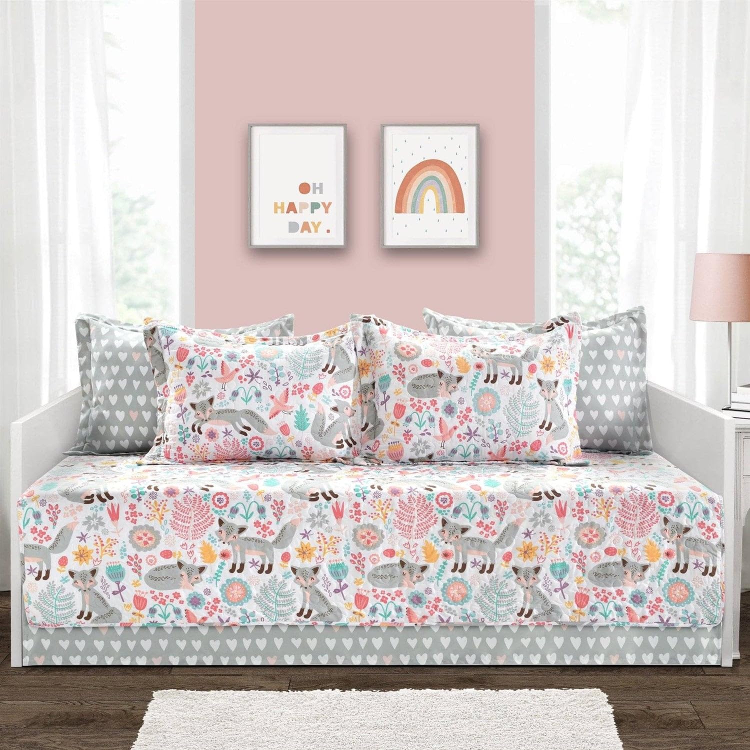 Pink Teal Orange Grey 6 Piece Floral Foxes Daybed Cover Bedding Set New
