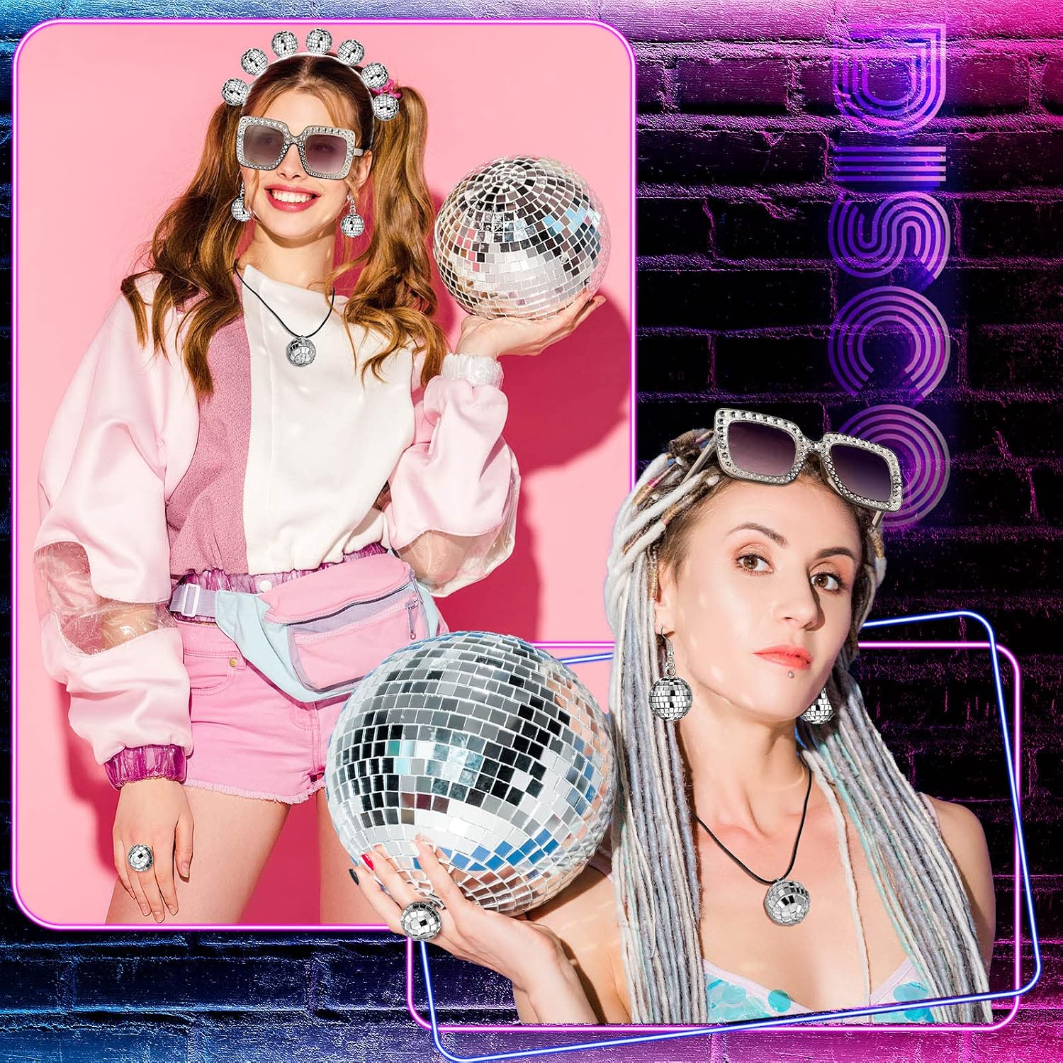 Tudomro 5 Pcs 1970s Disco Outfit Woman Party Costume Set Disco Ball Earrings Headband Ring Sunglasses & Necklace Accessories
