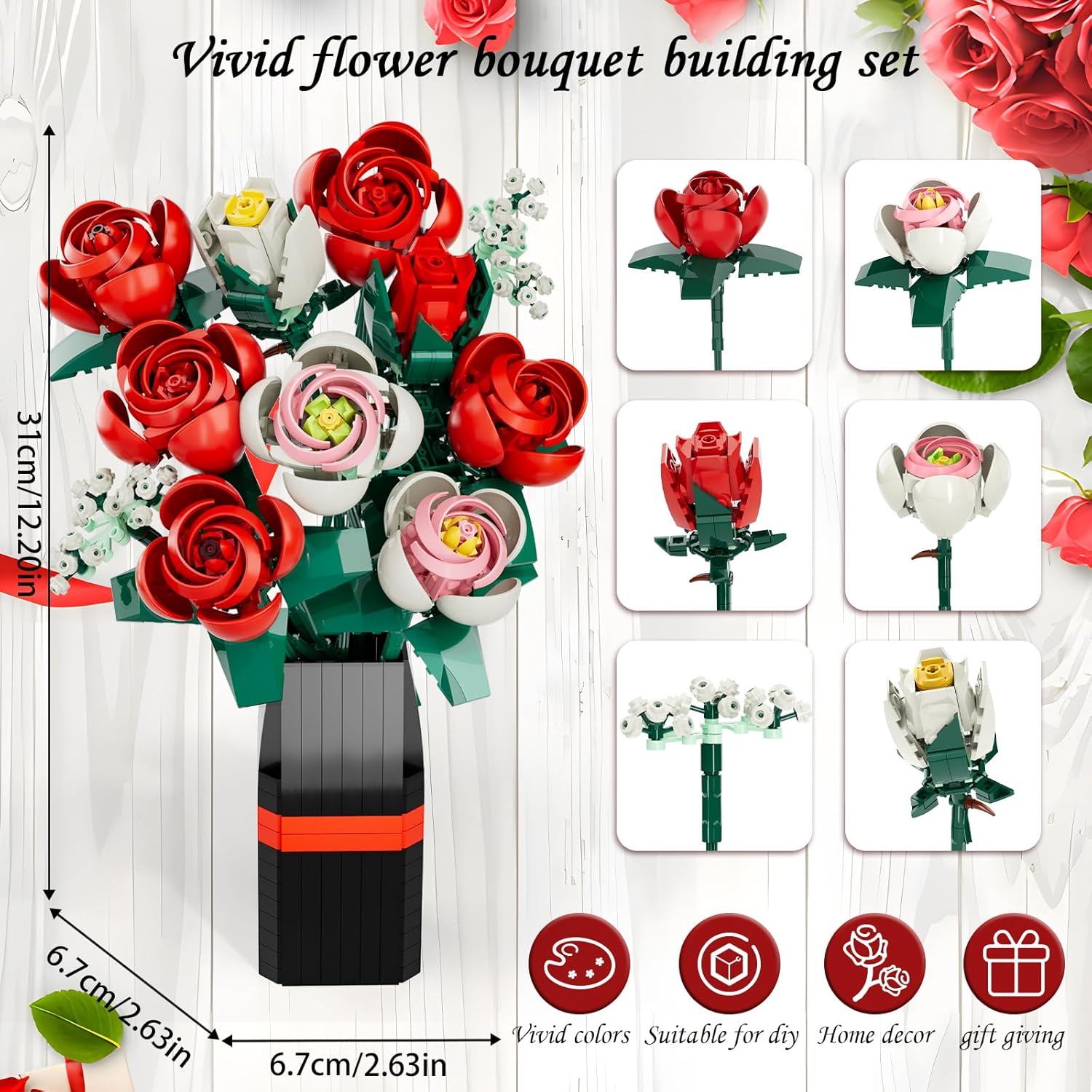 Flower Bouquet Building Set, Mother's Day Artificial Roses Toy Building Set with Vase, Building Blocks Flower Brick Toys for Home Office Decoration, Christmas, or Valentine's Gifts, 841 PCS