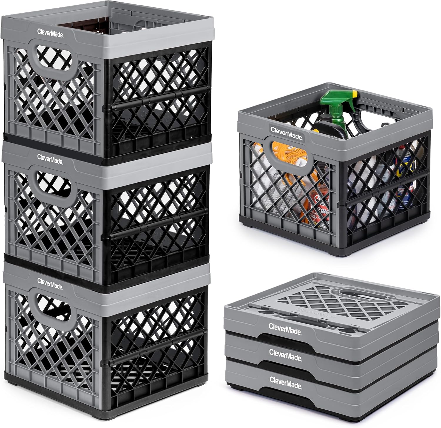 CleverMade Collapsible Milk Crate, Stone, 3PK 25L (6 Gal