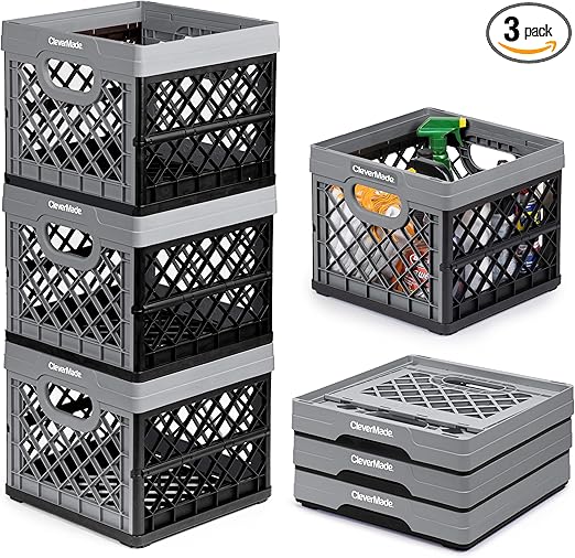 CleverMade Collapsible Milk Crate, Stone, 3PK - 25L (6 Gal) Stackable Storage Bins, Holds 50lbs Per Bin - Clevercrates are Heavy Duty, Plastic Collapsible Storage Crate for Multi Purposes
