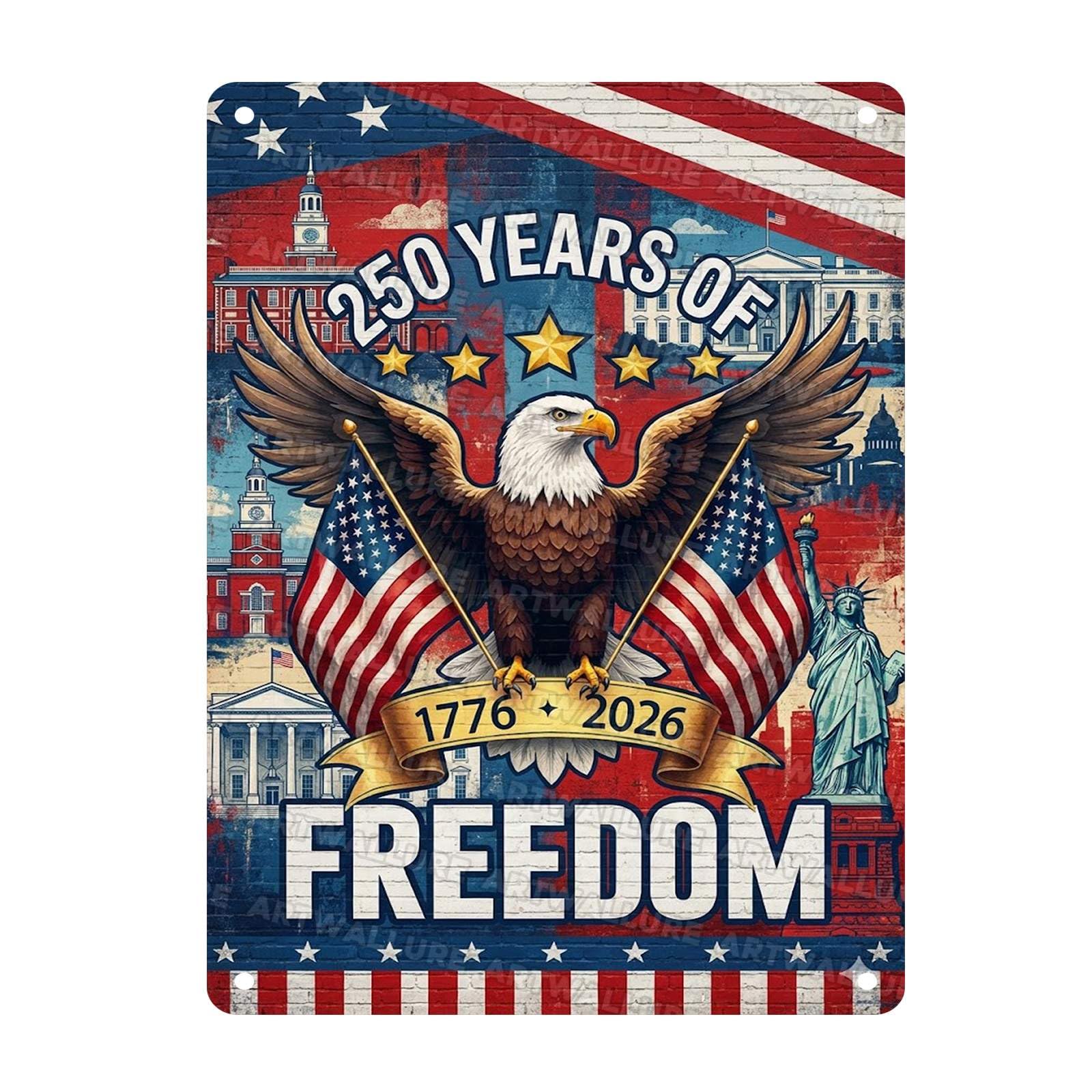 USA 250th Anniversary Tin Sign Commemorative Metal Sign 250 Years Of Freedom 1776 2026 Wall Art For Veterans Living Room Man Cave Garage Bar Pub 12x16Inch
