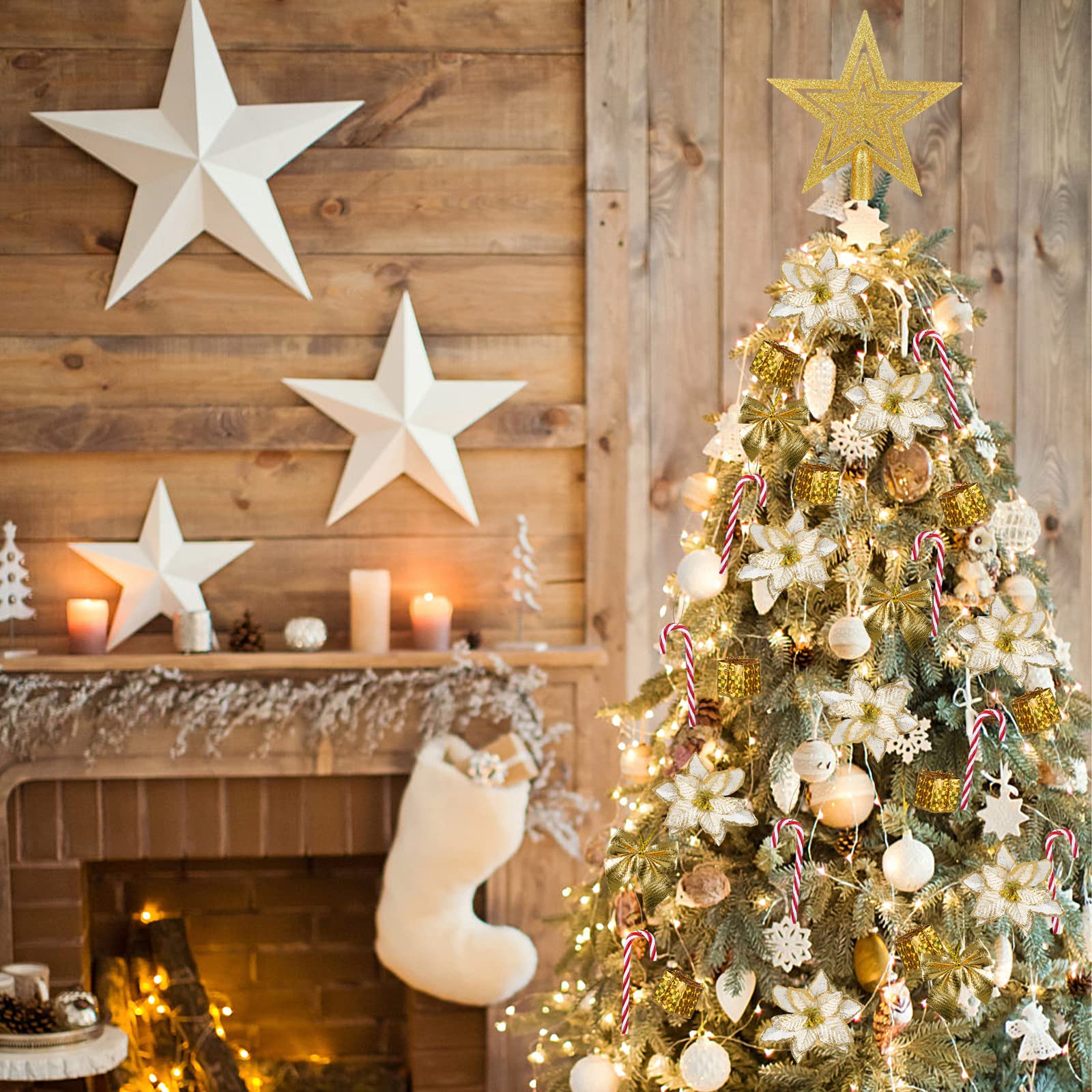 LIHAO Decorazioni Albero di Natale Oro, 133pz Addobbi Con Fiocchi di Neve, Stella, Palline e Fiori per Natale