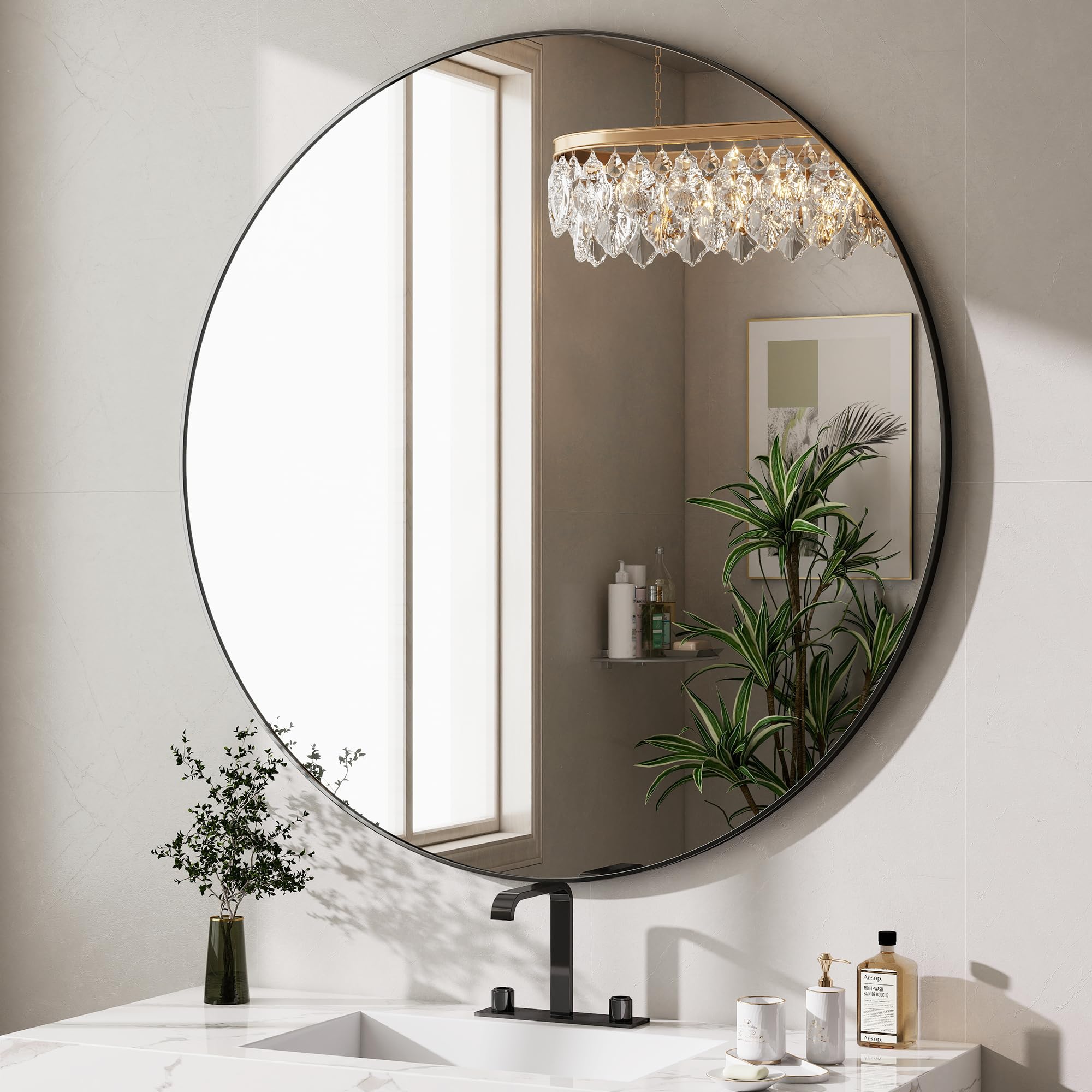 Koonmi 40x40cm Round Wall Mirror, Circle Mirror with Aluminum Alloy Frame and Tempered Glass, Suitable for Bathroom, Bedroom, Hallway, Black