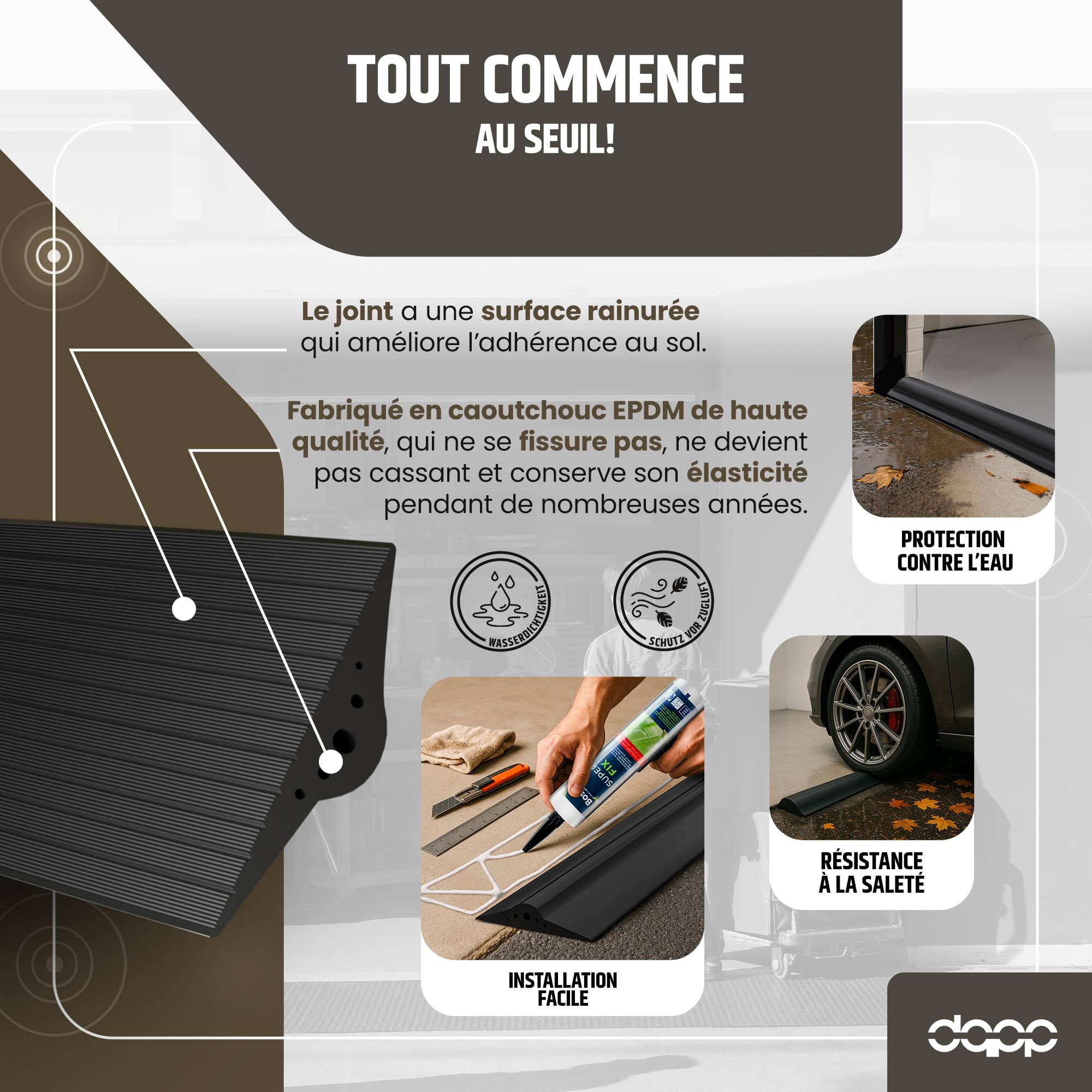 DQ-PP | JOINT DE PORTE DE GARAGE | 2,5m | 30mm x 160mm | noir | Scellage de sol | Seuil en caoutchouc EPDM | 3cm x 16cm