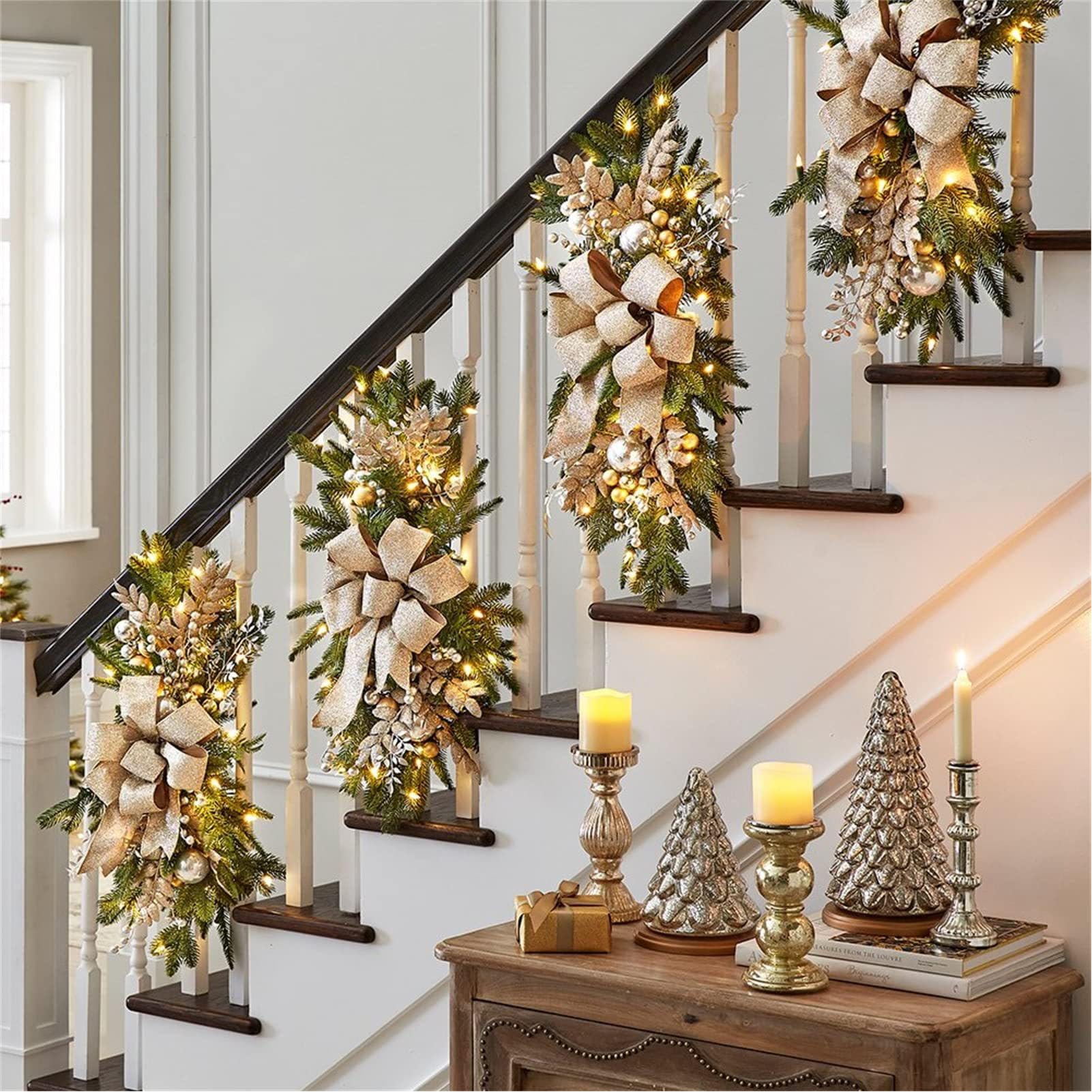 flexman Artificial Christmas Teardrop Swags, 60X30cm Cordless Christmas Staircase Decoration, Simulation Hanging Pendant Stair Swags for Tables, Shelves, Fireplaces (Yellow Without Light)