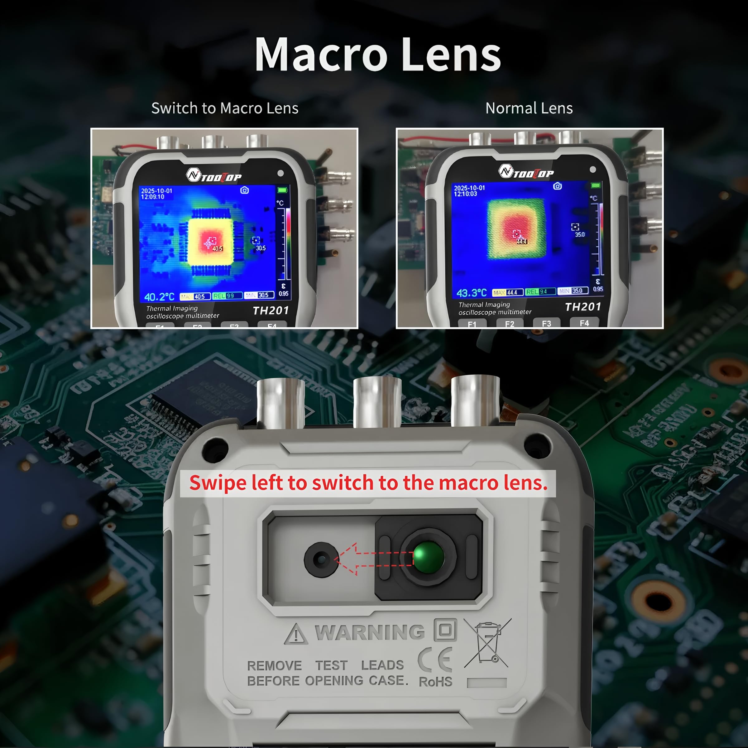 TH201 Fotocamera Termica da 3.2 Polci con Obiettivo Macro, Oscilloscopio a 2 Canali, Multimetro Digitale da 20000 Conteggi, Generatore di Segnali 4in1 con Obiettivo Micro (TH201+Micro Len)