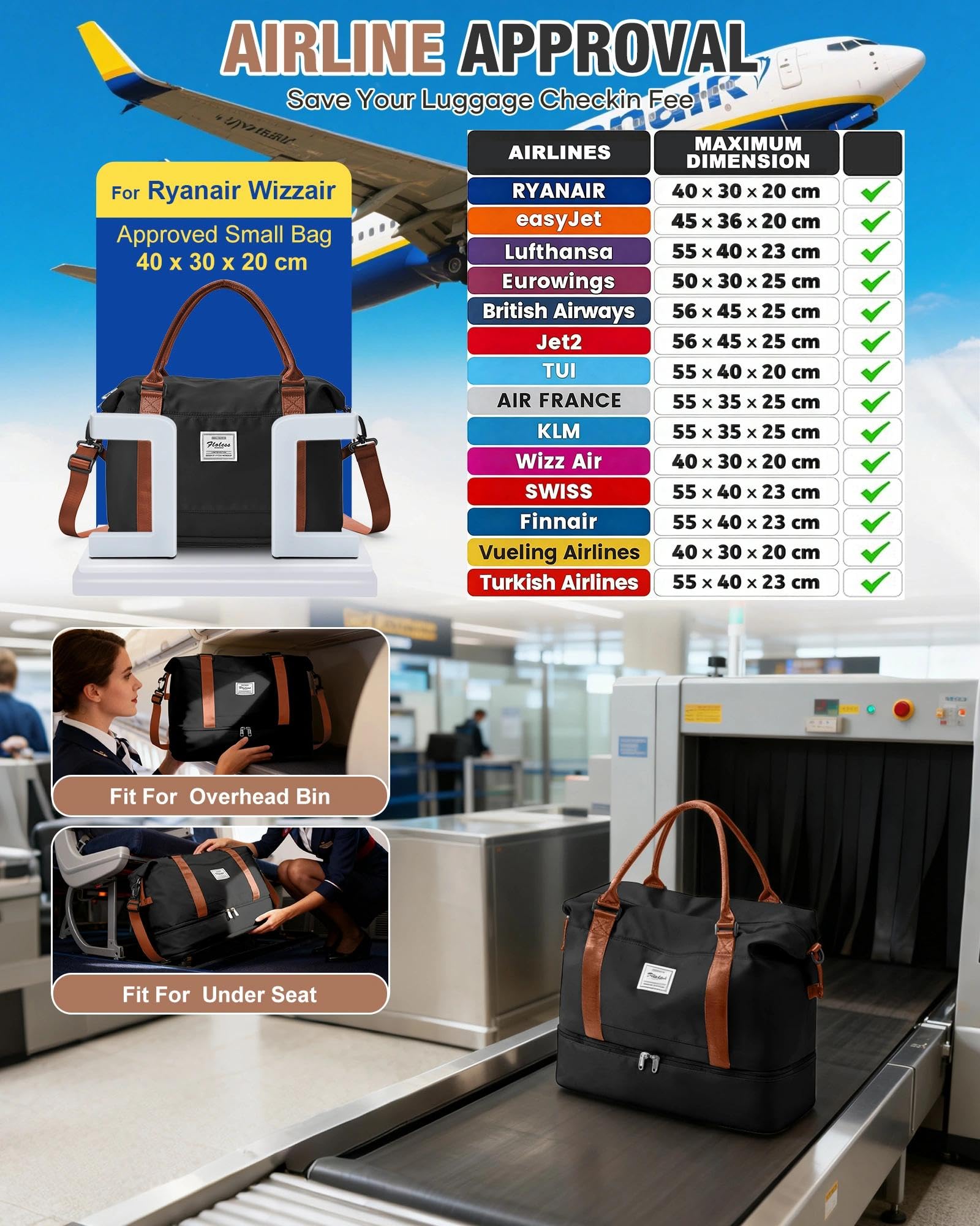 SZLX Borsone da Viaggio,Bagaglio a Mano 40x20x25 Ryanair Borsa da Viaggio con Scomparto per le Scarpe,Borsa da Cabina Ryanair 40x30x20 Borsa Sportiva Borsone da Palestra da Weekend