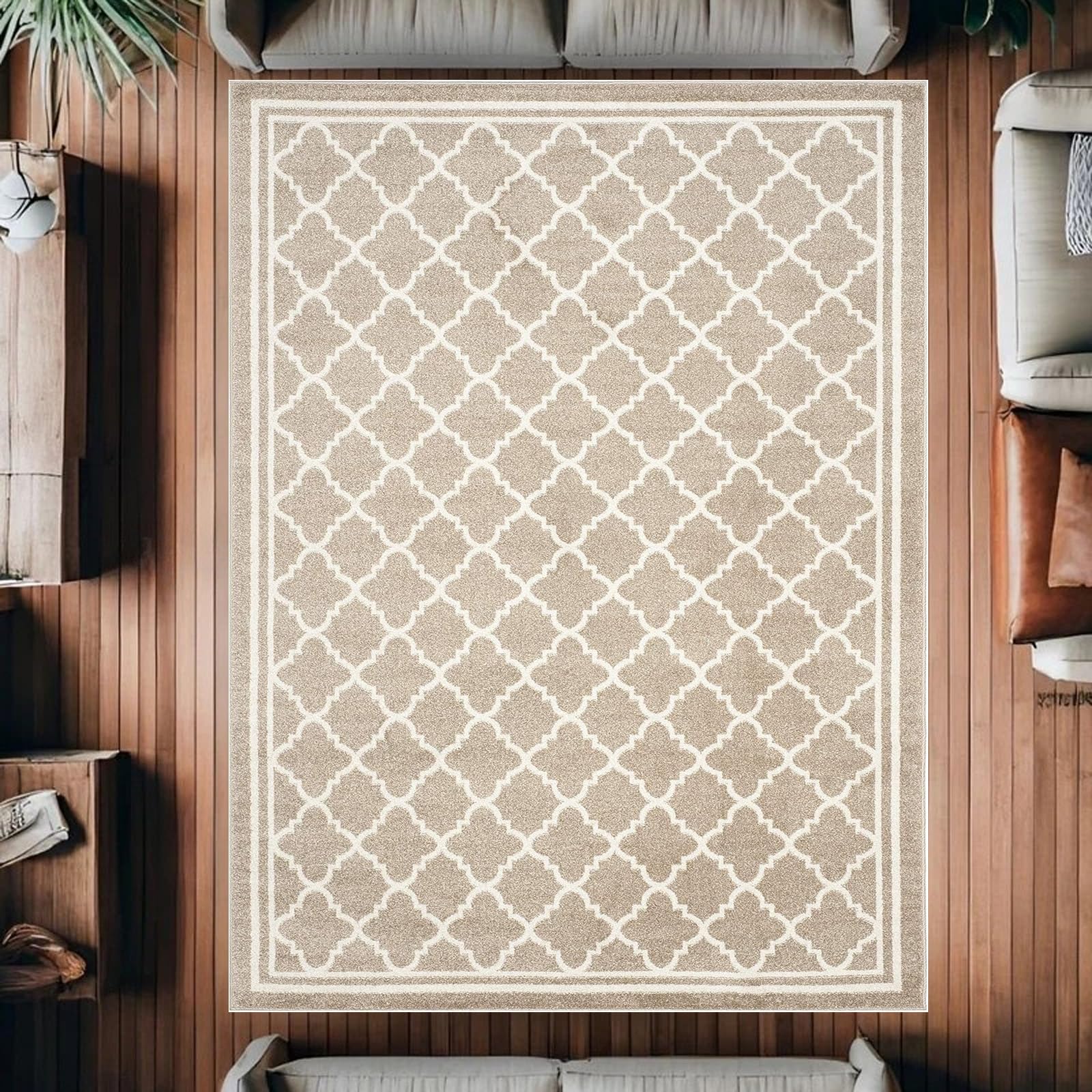 Tapis de salon géométrique beige lavable et antidérapant 70 x 140 cm