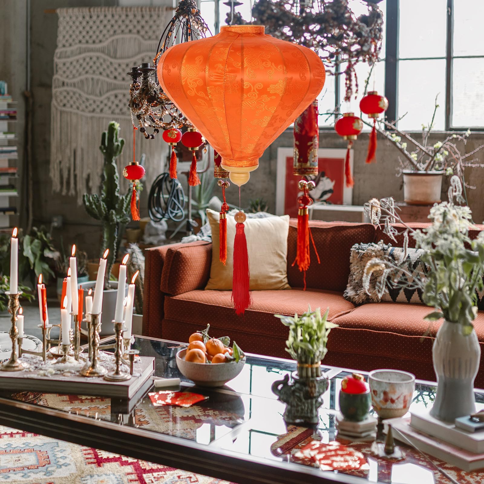 minkissy Vietnamesische Hängelaterne mit Klassischer Form aus Flockigem Stoff in Orange und Vielseitiger Verwendung als Garten oder Partybeleuchtung für Hochzeit und Outdoor Deko