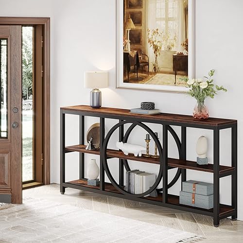 Miniatura 6 de LITTLE TREE Mesa de consola, extra larga de 70.9 pulgadas, estrechas mesas de sofá con estantes de almacenamiento de madera de 3 niveles, marco de