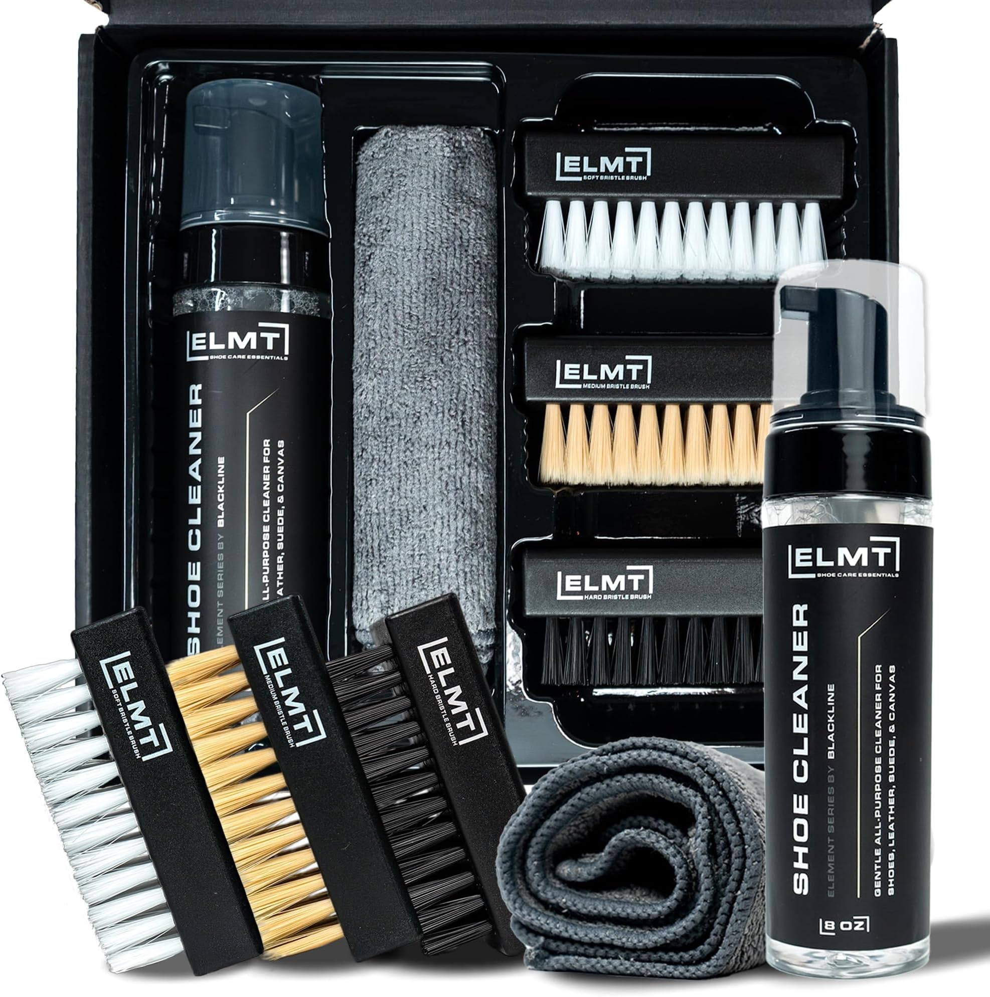 Blackline ELMT Shoe Cleaner Kit — Ideal Sneaker, Canvas, Mesh, Nubuck, Sheepskin, Leather, Suede Shoe Cleaner — US-Made, Safe, 10X Potent Shoe Cleaning Kit (8 oz Solution, 3 Brushes, Microfiber Towel)