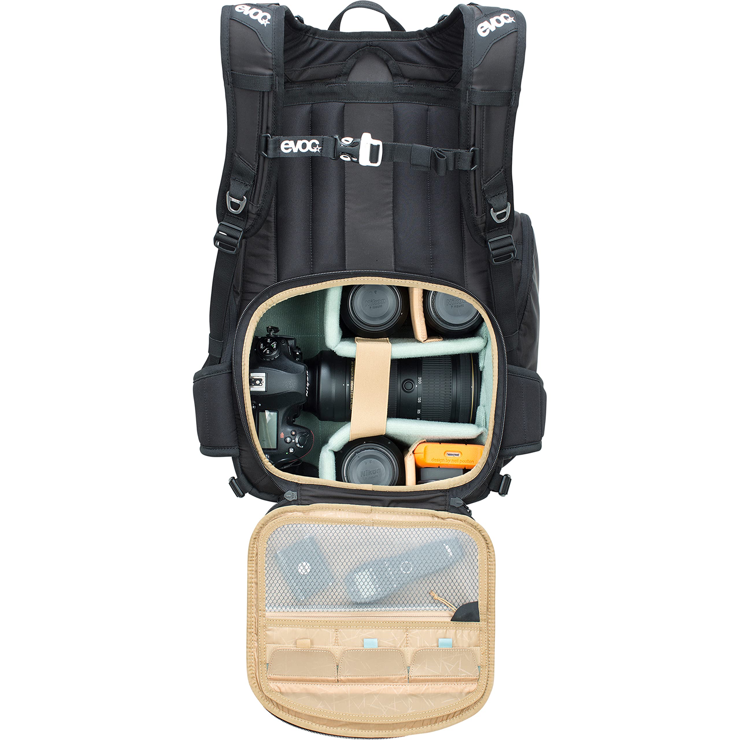 EVOC CP 18l Outdoor Camera Backpack per attrezzatura fotografica professionale (sistema di trasporto ergonomico, sistema di cinghie per piccozze, sci, snowboard o treppiede), Nero