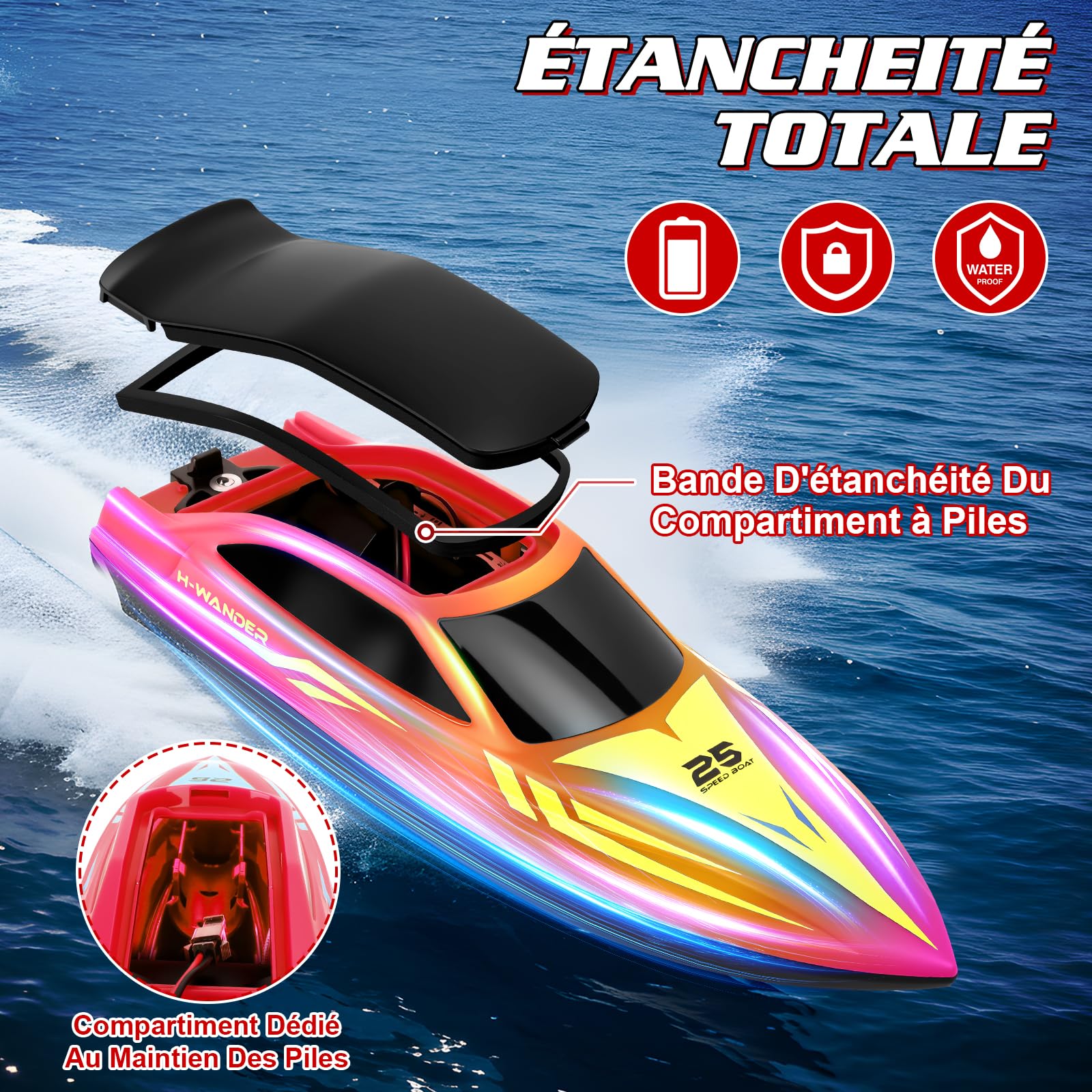 FORMIZON Bateau Télécommandé, 15km/h Bateau RC avec 7 Modes Lumières LED, 2.4GHZ Bateau Telecommandé Enfant pour Piscine et Lacs, Speedboat De Course RC autonomie 120 Minutes (Rouge)