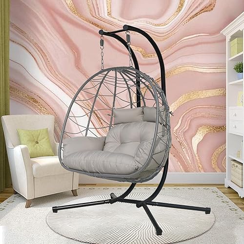 Silla doble con soporte para patio con cojín para exteriores, impermeable, colgante, cesta de ratán de mimbre (color gris doble)