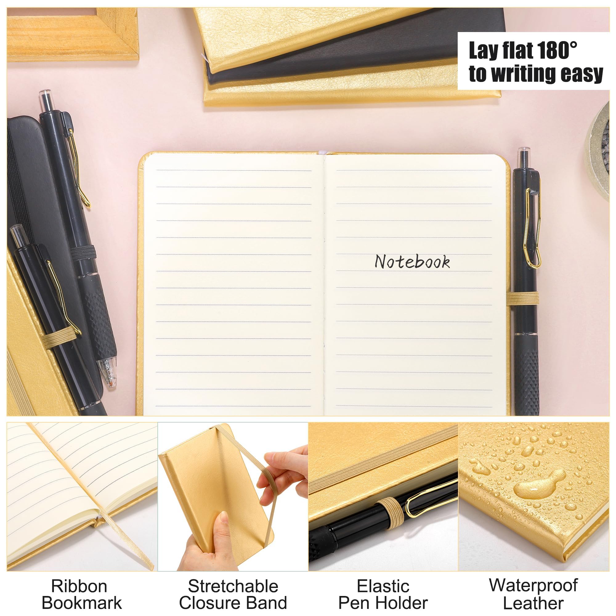 Aodaer 50 juegos de cuadernos de bolsillo con bolígrafos, 160 páginas, 3.5 x 5.5 pulgadas, mini cuaderno rayado A6, tapa dura de cuero con soporte para bolígrafo, para escuela, oficina, negro y dorado