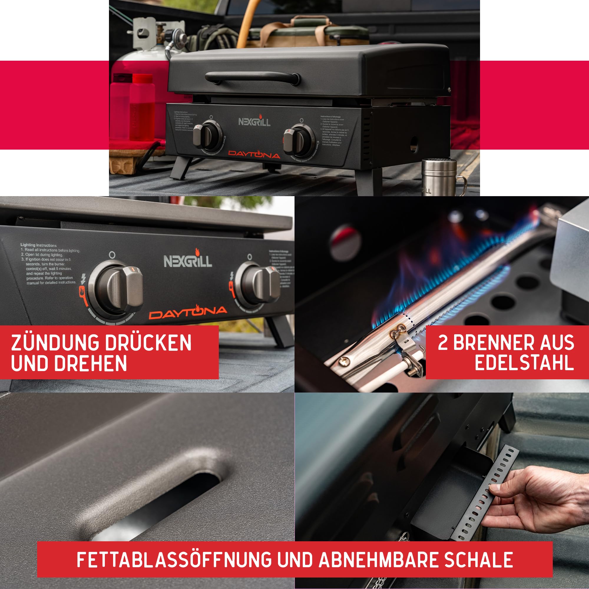 Nexgrill 2-Brenner Tabletop Plancha – Kompakter Tischgrill mit keramikbeschichteter Grillplatte – Gasgrill ideal für Camping, Garten & Outdoor BBQ, 5,86 kW