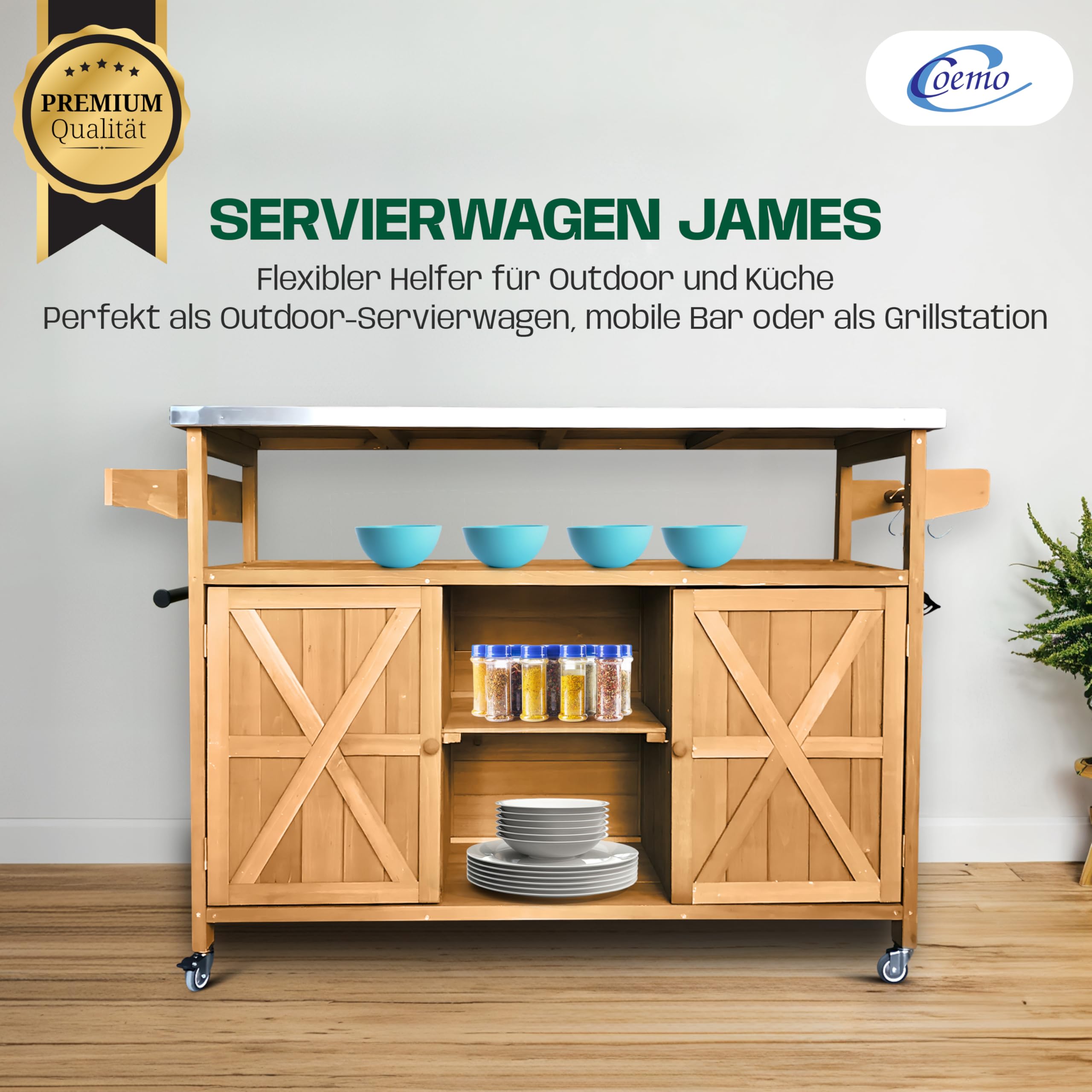 Coemo James - Carrito de cocina con ruedas (madera, tapa de acero inoxidable, isla de cocina con puertas, toallero, armario de cocina, con ruedas, 138 x 47 x 92 cm)