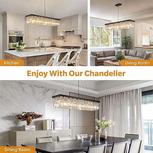 Miniatura 4 de 7PM Candelabro rectangular de cristal K9 moderno colgante rectangular para comedor, cocina, isla dormitorio, color negro, 47 pulgadas de largo x 10