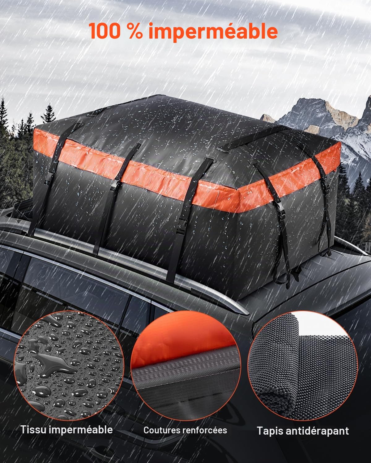 VEVOR Sac de Toit de Voiture 651 L, Coffre de Toit Étanche en PVC 840D Robuste, Sac Porte-bagages avec Serrure, Tapis Antidérapant et 6 Crochets, Installation Rapide et Facile, pour Tous les Véhicules