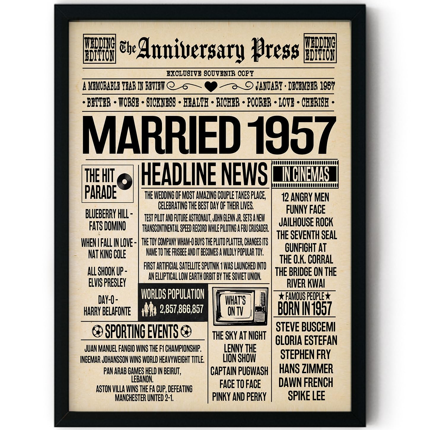Stuff4 Men's 1957 69Th Anniversary Poster Framed - Married In Newspaper - Happy 69Th Wedding Anniversary For Wo Vintage Gifts Retro Back In 8X10 Inch Anniversaries Posters