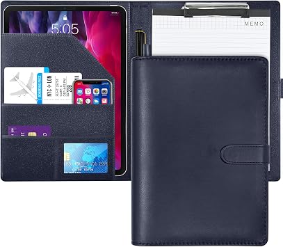 Clipboard Folder A4 Conference Portfolio Organizer for Legal Pad, Faux Leather A4 Foldover Clipboard with Dark Blue Cover