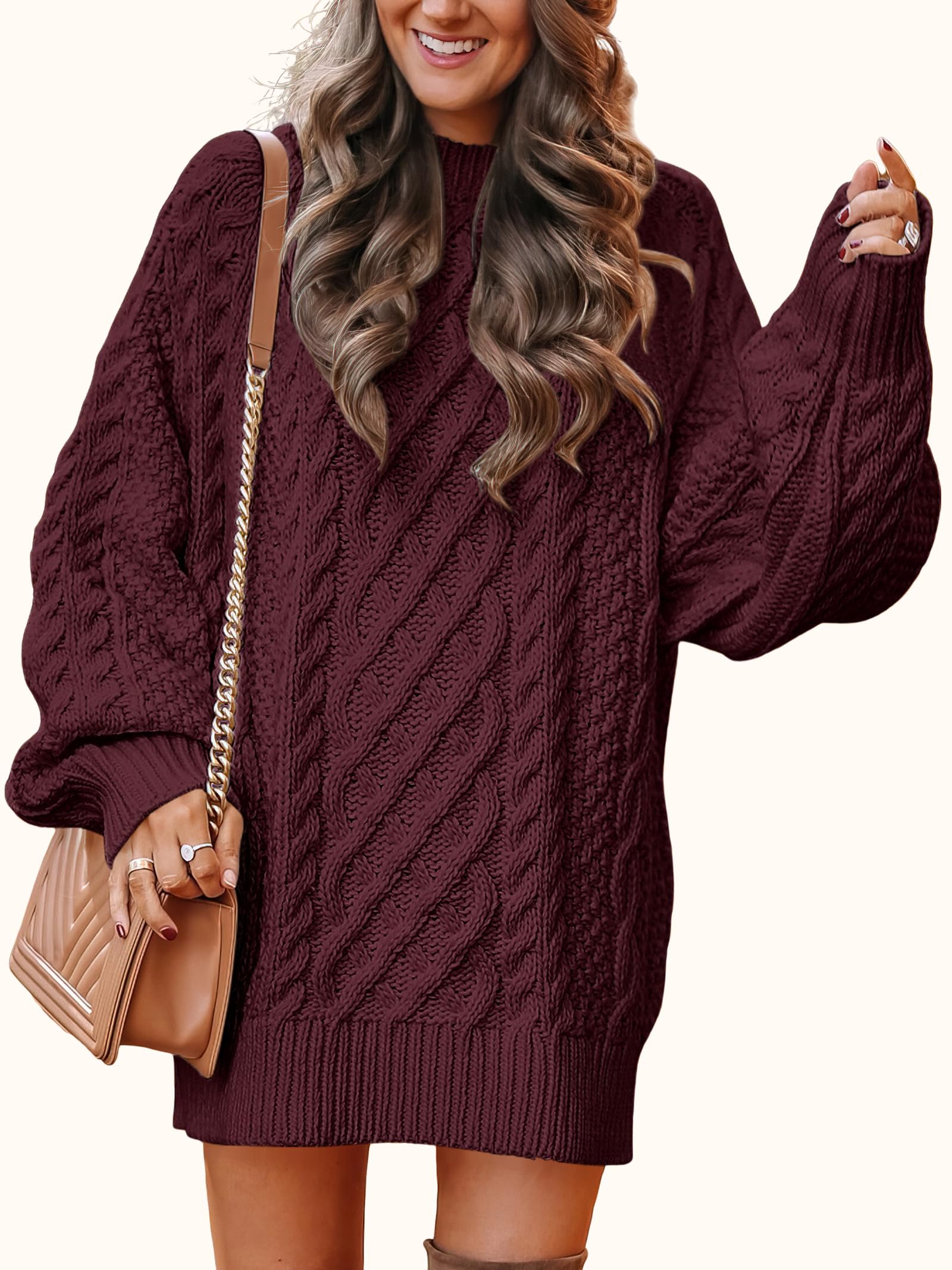 ELFIN Strickkleid Damen Oversized Puffärmel Pulloverkleid Winterkleid Langarm Strickpullover Grobstrick Langer Pullover Mini Kleider
