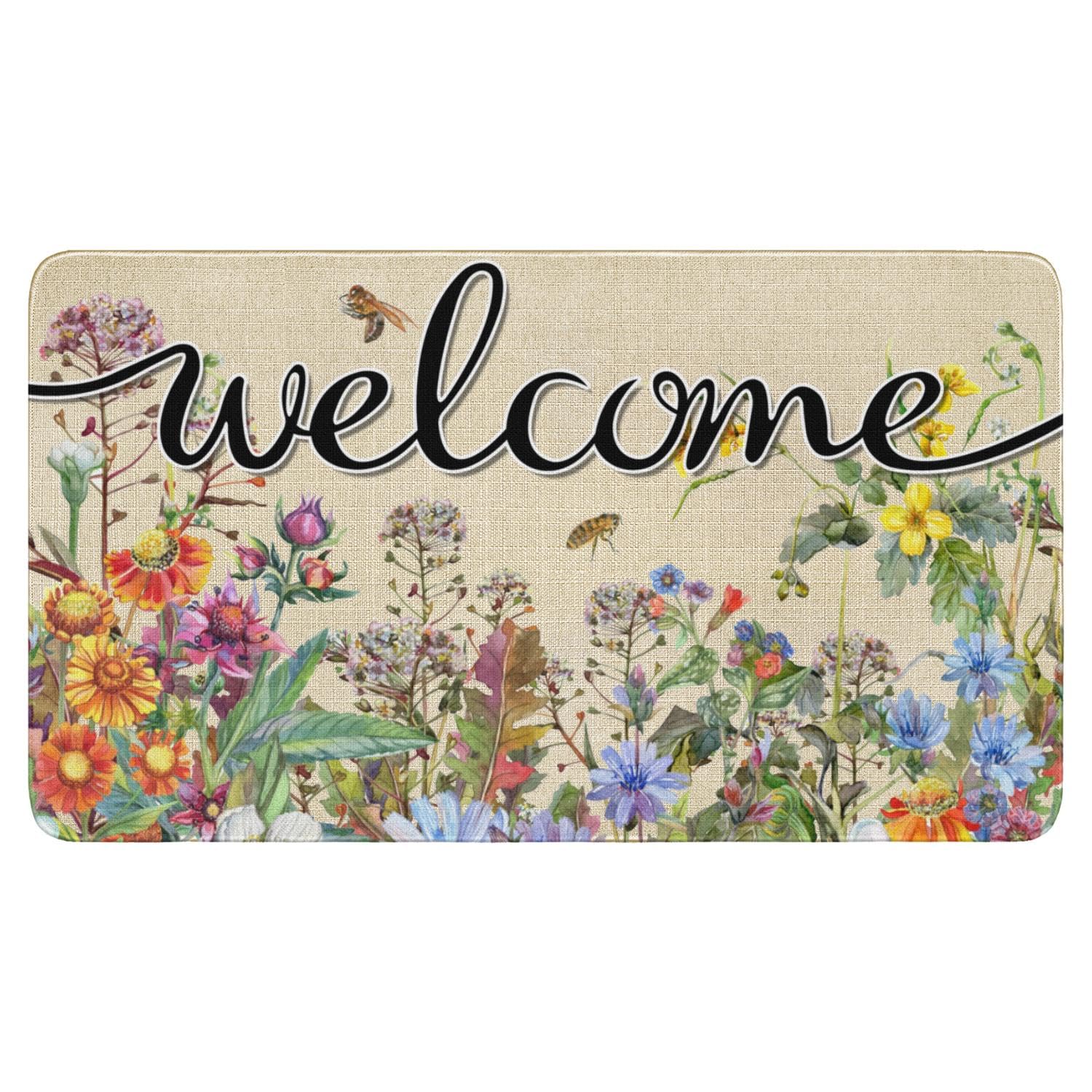 Dcohluk Welcome Floral Door Mat, Spring Summer Front Flower Doormat, Indoor Outdoor Home Decor Non Slip Entrance Floral Rug 30x17 Inches