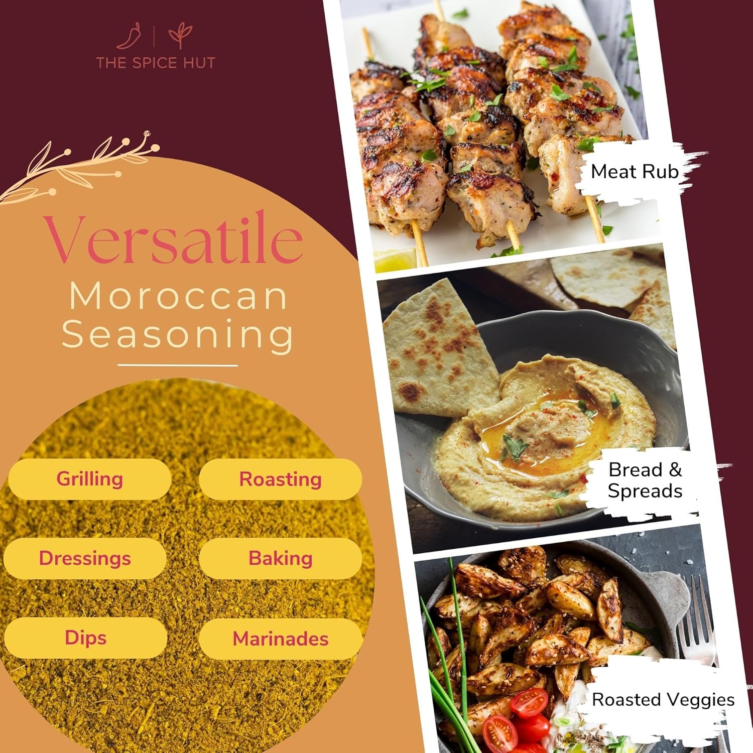 The Spice Hut Organic Moroccan Seasoning, Mediterranean Spice Blend Flavor for Meat/Vegetables/Chicken, 16 Oz