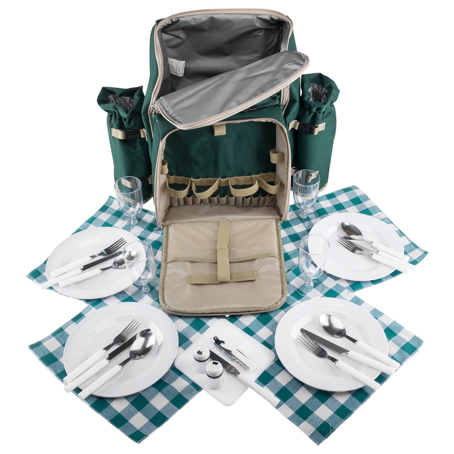 anndora Picknickrucksack 4 Personen mit integrierter Kühltasche grün inkl. 29-teiliges Zubehör