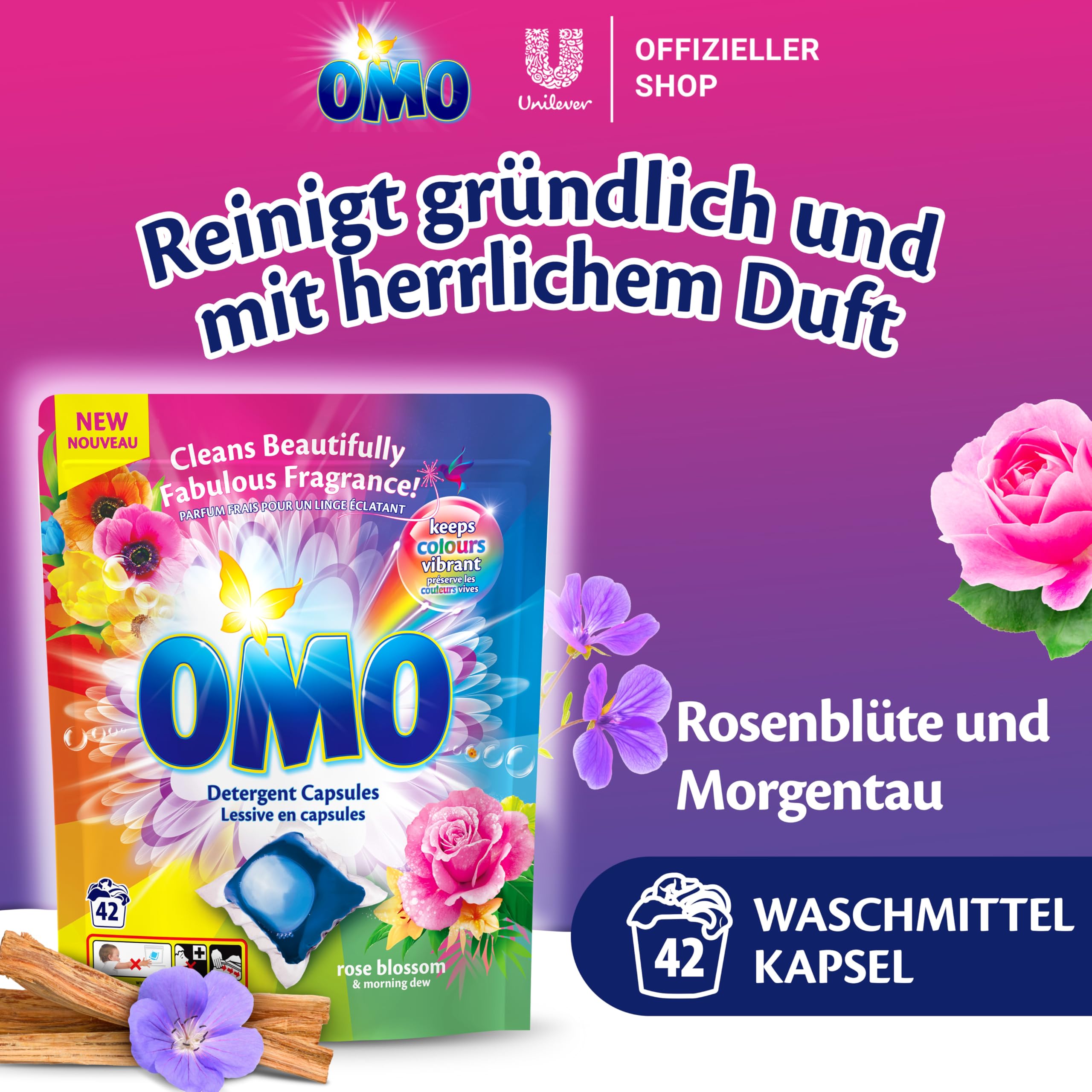 OMO Waschmittel Kapseln Rose Duft | Großpackung | 14T Frische |168 Pods