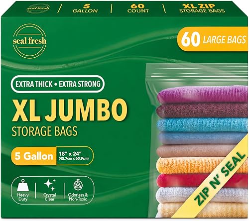 Seal Fresh 5 Gallon Large Plastic Storage Bags – 18" x 24" (60 Count) – Reusuable XXL Extra Large Heavy Duty Clear Jumbo Freezer Zip Lock Bags with Sealable Zipper Top For Clothes, Travel, Moving