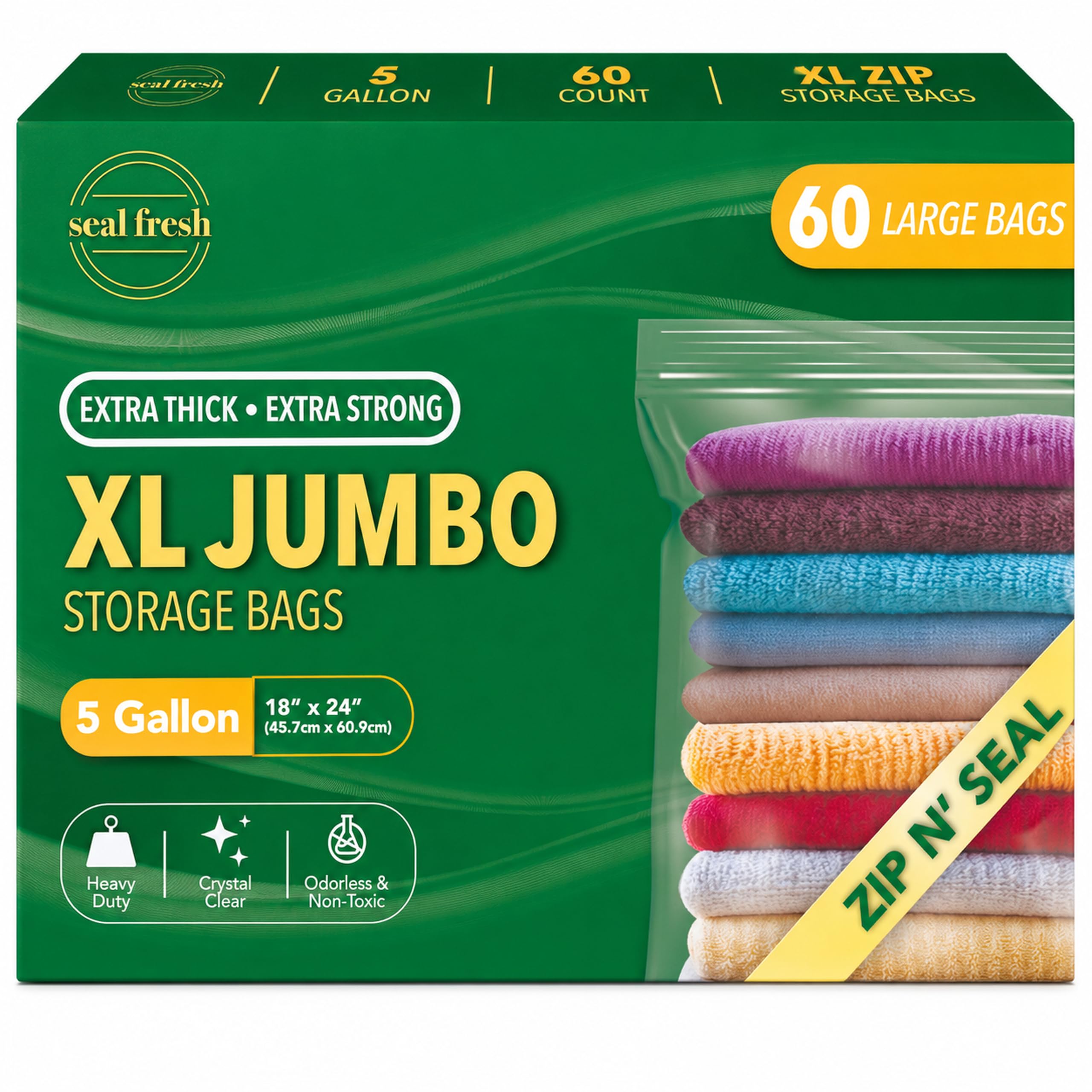 Seal Fresh Bolsas de almacenamiento de plástico grandes de 5 galones, 18 x 24 pulgadas (60 unidades) – Bolsas reutilizables XXL extra grandes y resistentes transparentes con cierre de cremallera para