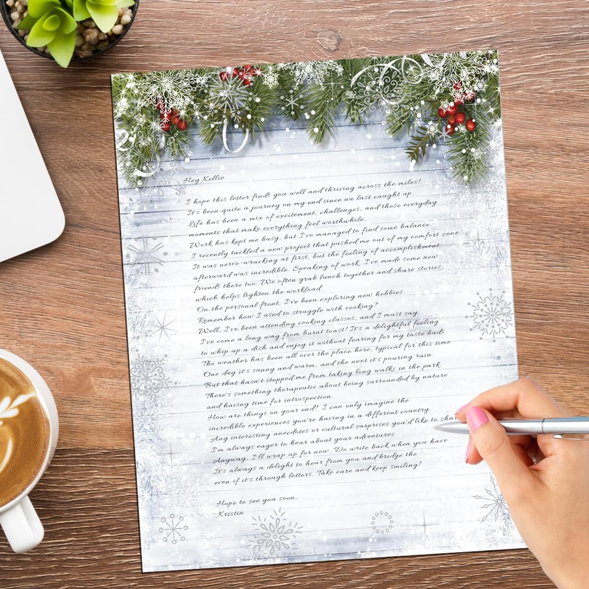 PaperDirect Snowy Sentiment Holiday Border Paper – Gray Barnwood with Silver Snowflakes, Pine Boughs, White Ribbons & Red Berries, 8.5" x 11", 28lb, Laser/Inkjet Compatible, 100 Sheets