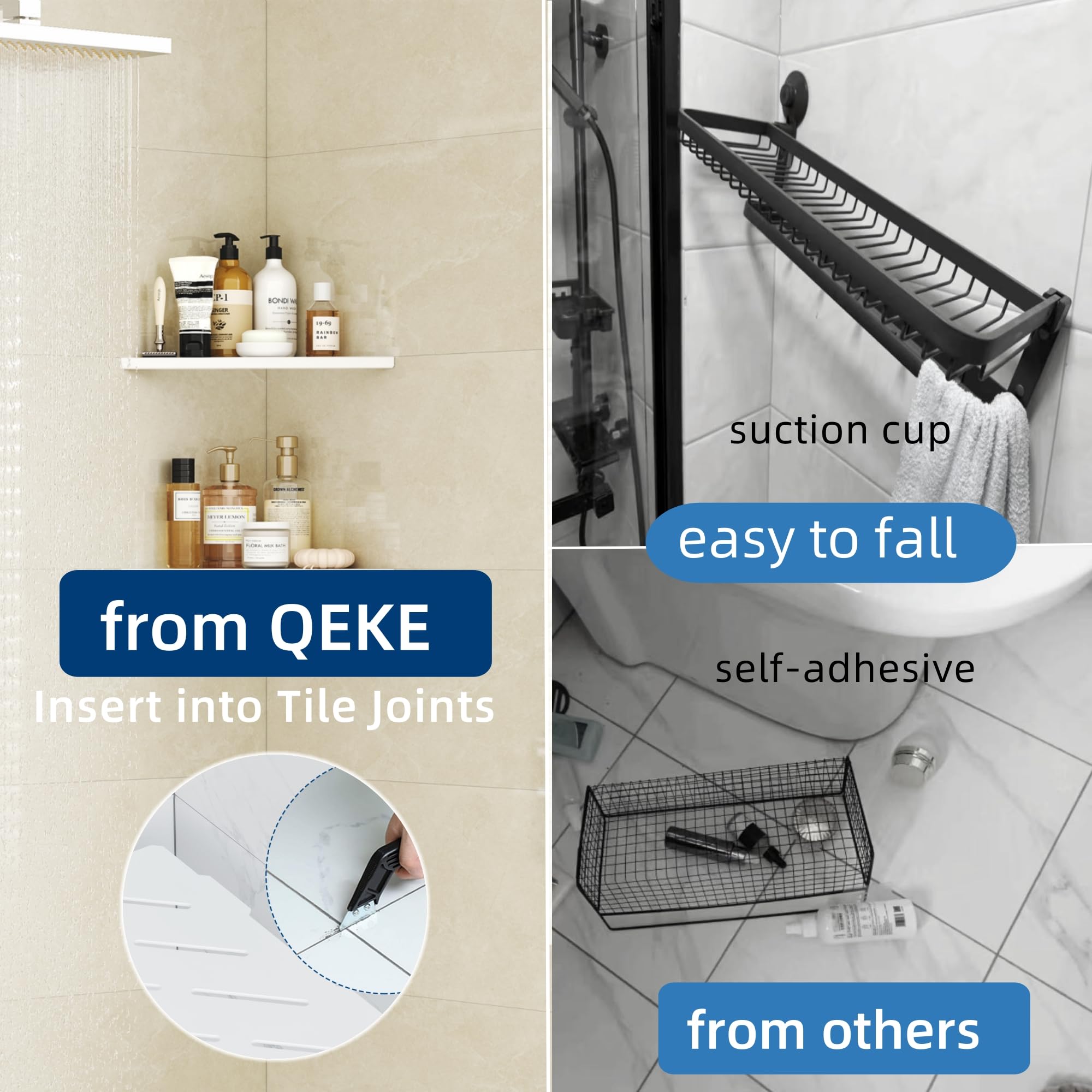 Qeke 90° Tile Corner Shelf, triangular Shower Shelf NO Drill required, Bathroom Organiser on Tile Wall - Image 4