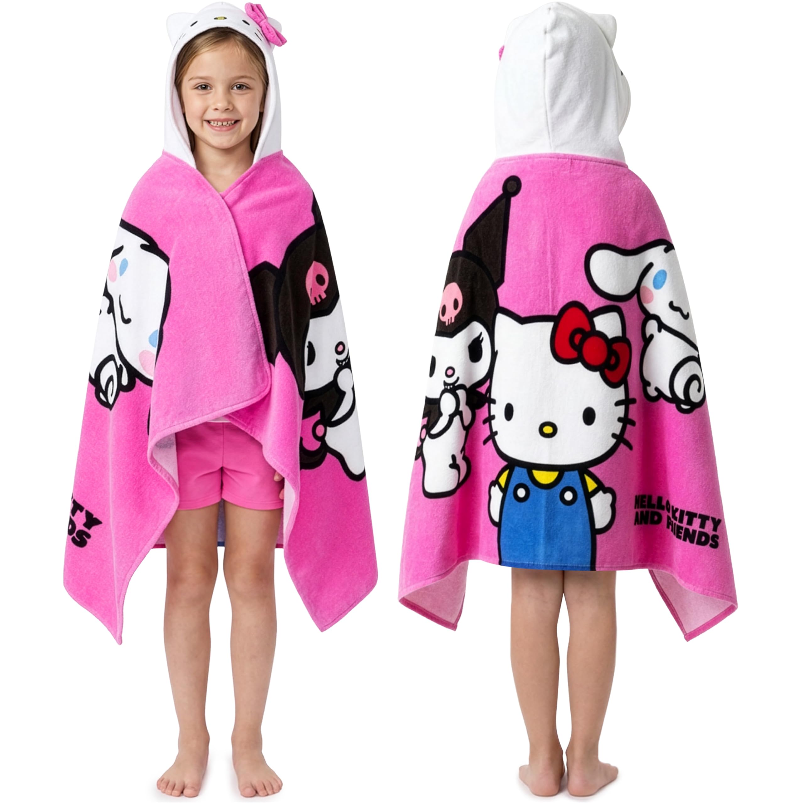 Hello Kitty Bath Towel with Hood for Kids Absorbent Kawaii Changing Robe Poncho Towel for Swimming Beach Towel Cinnamoroll Kuromi Holiday Essentials (Pink Towel Hello Kitty, 6-14 Years)