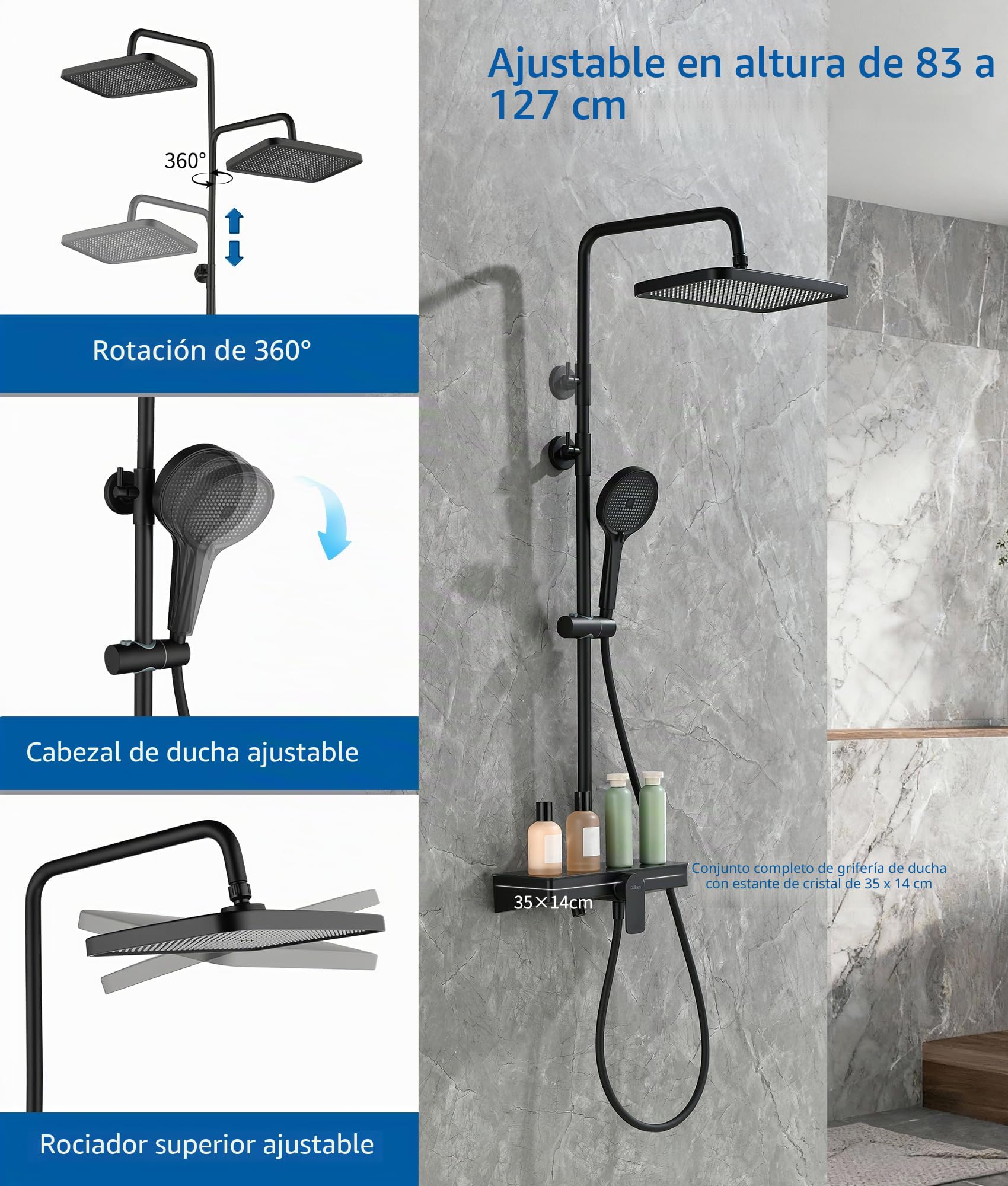 Columna Ducha Con Grifo Mezclador de Ducha Regulable En Altura Y Juego Completo de Accesorios,Cabezal de Ducha Giratorio 360°,Cabezal de Ducha de Mano, Estante de Cristal de 35×14 cm （Cromo）