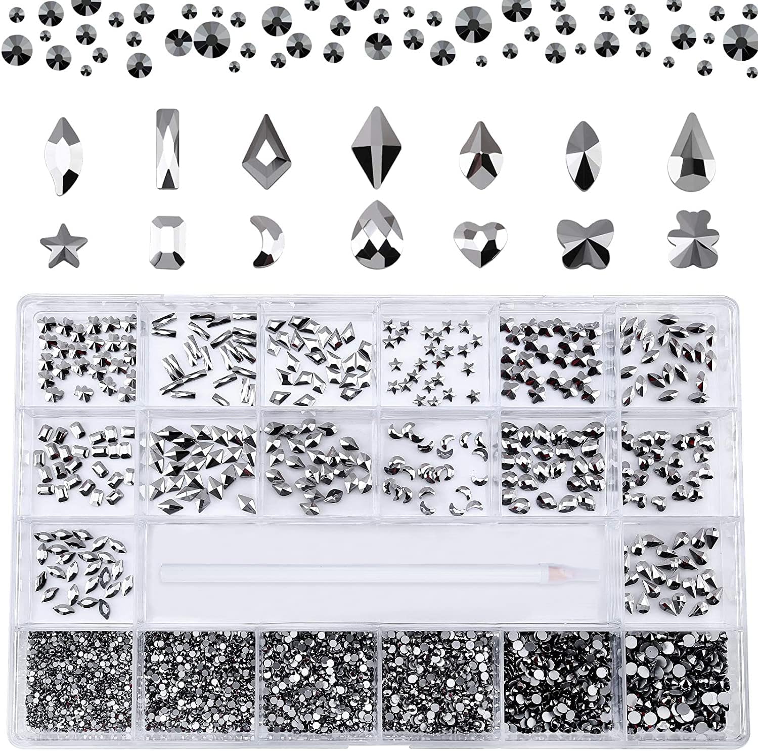 Nibiru 3830Pcs Mineral Black Multi Shapes Rhinestones Glass Diamonds Kit for Nail Art Jewels Decoration,Shiny Flatback Mix Size with Wax Pen