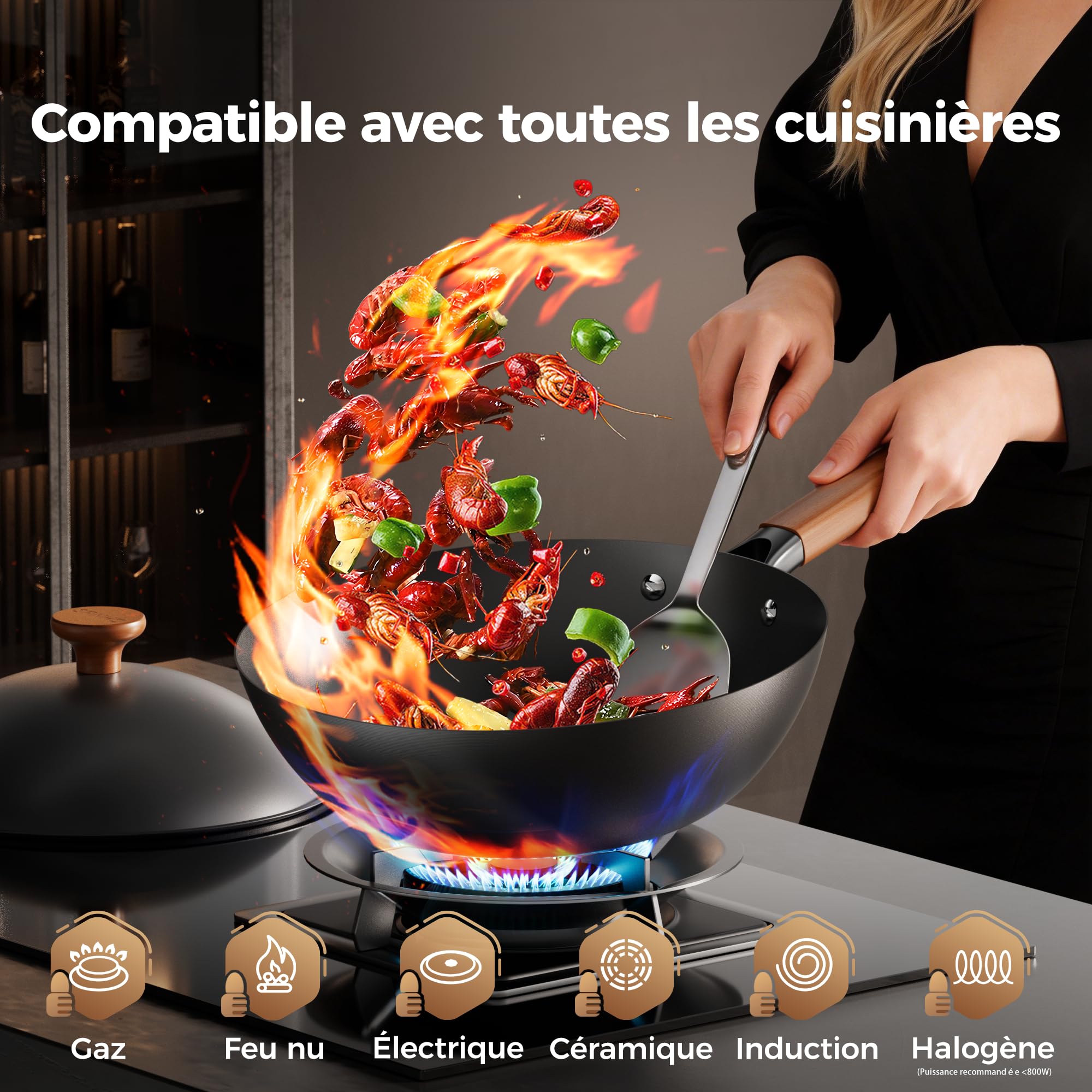 Sanho 32 cm Poêle Wok avec couvercle – Pas de culottage, 0 revêtement chimique, antiadhésif naturel, compatible tous feux (gaz, électrique, induction <800W) & ustensiles métal, 5QT