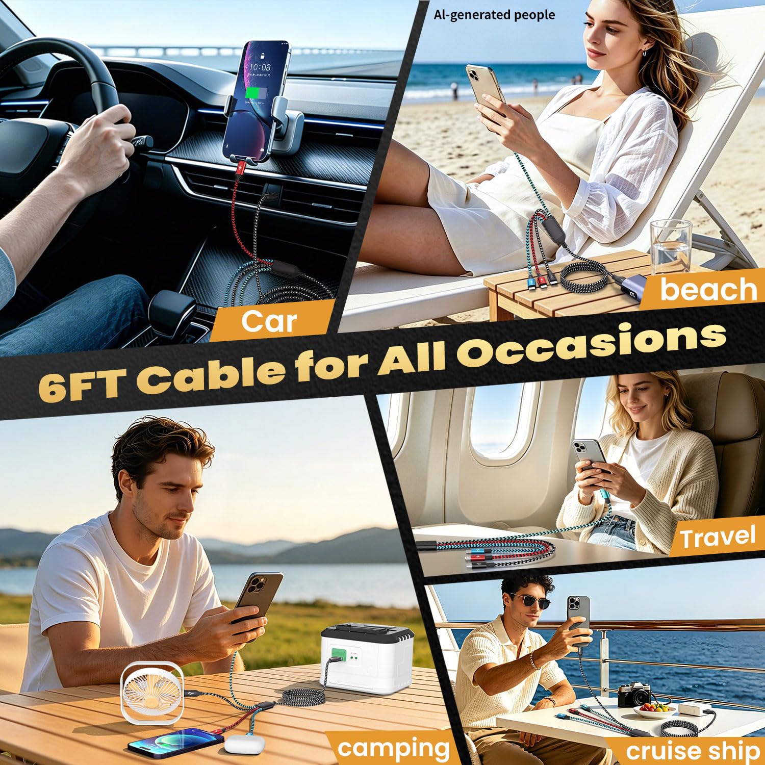 Cavo di ricarica multiplo 4 in 1 da viaggio, USB A, con doppio tipo C e Dual Lightning, cavo di ricarica universale per iPhone serie/Android/tablet, cavo di ricarica multi (2 pezzi, 1,8 m)