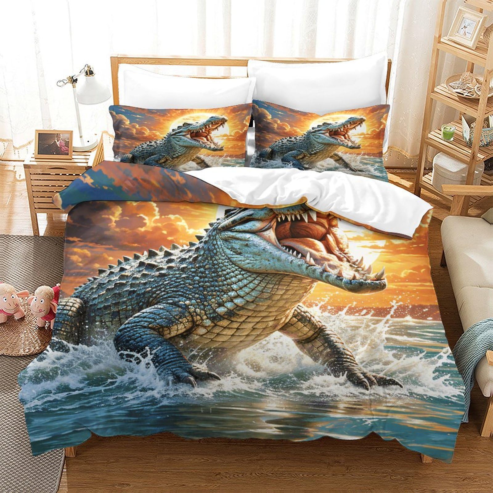WXLWHR Crocodile Duvet Cover Set Soft Microfiber 3 Piece Bedding Sets Enraged Crocodile Quilt Covers with Pillow Cases for Kids Boys Teens Double（200x200cm）