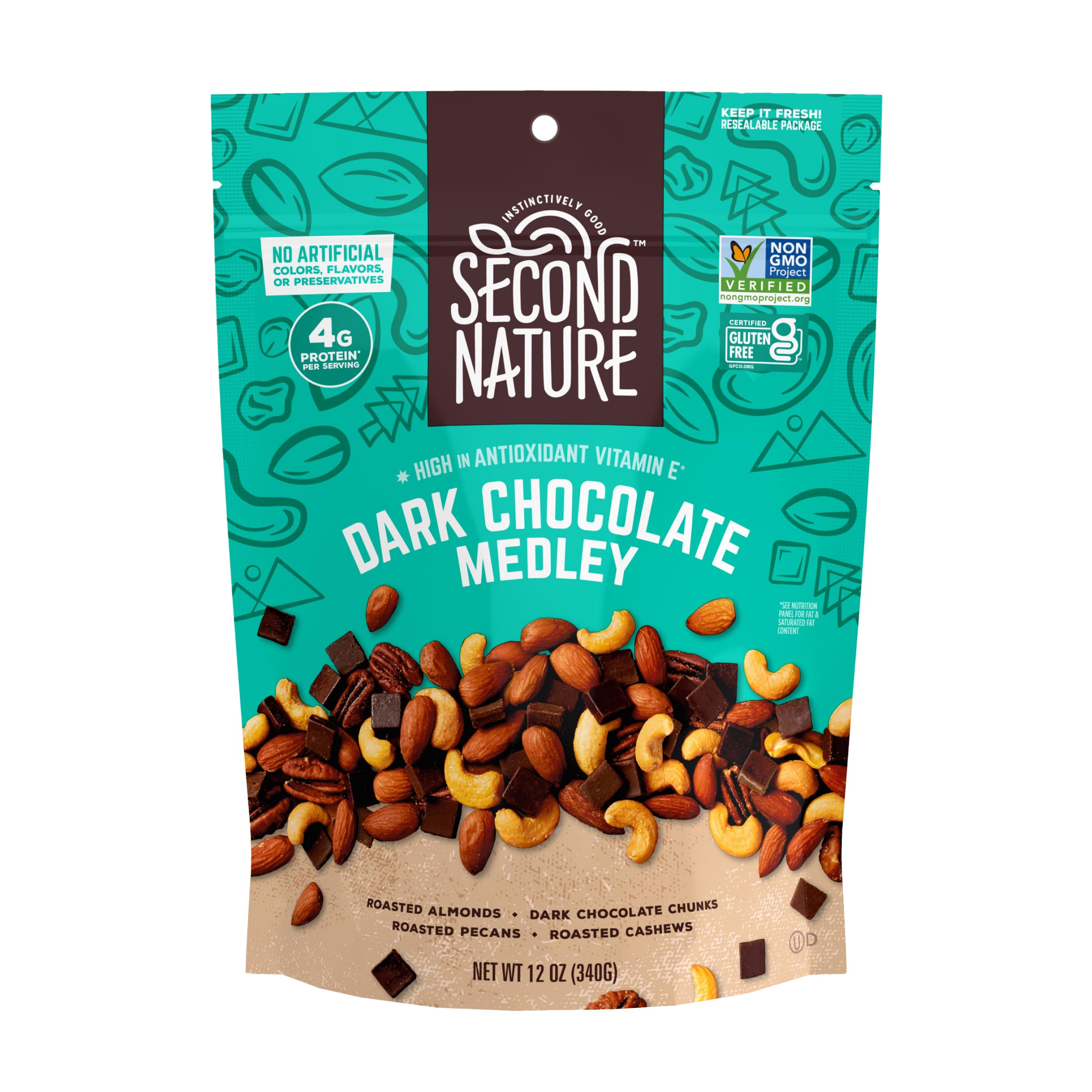 Second Nature Dark Chocolate Medley Trail Mix, 12 oz. Resealable Pouch (Pack of 1) – Certified Gluten-Free Snack Mix – Dark Chocolate and Nut Trail Mix Ideal for Quick Travel Snacks or Lunch Snacks