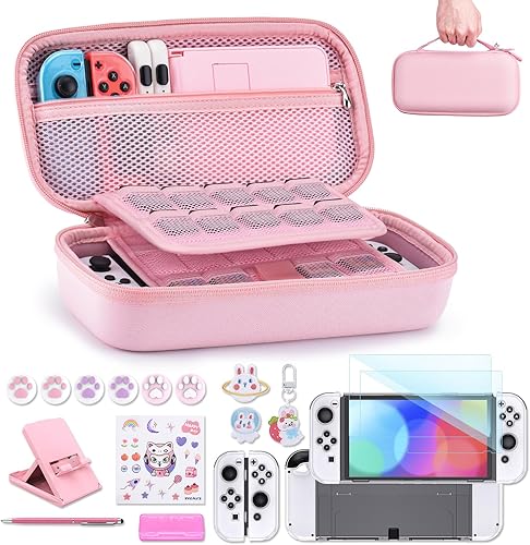 innoAura Switch OLED Case 19-in-1 Bundle for NS Switch OLED (2021), with Carrying Case, Screen Protector, Stand and Thumb Grips, Pink