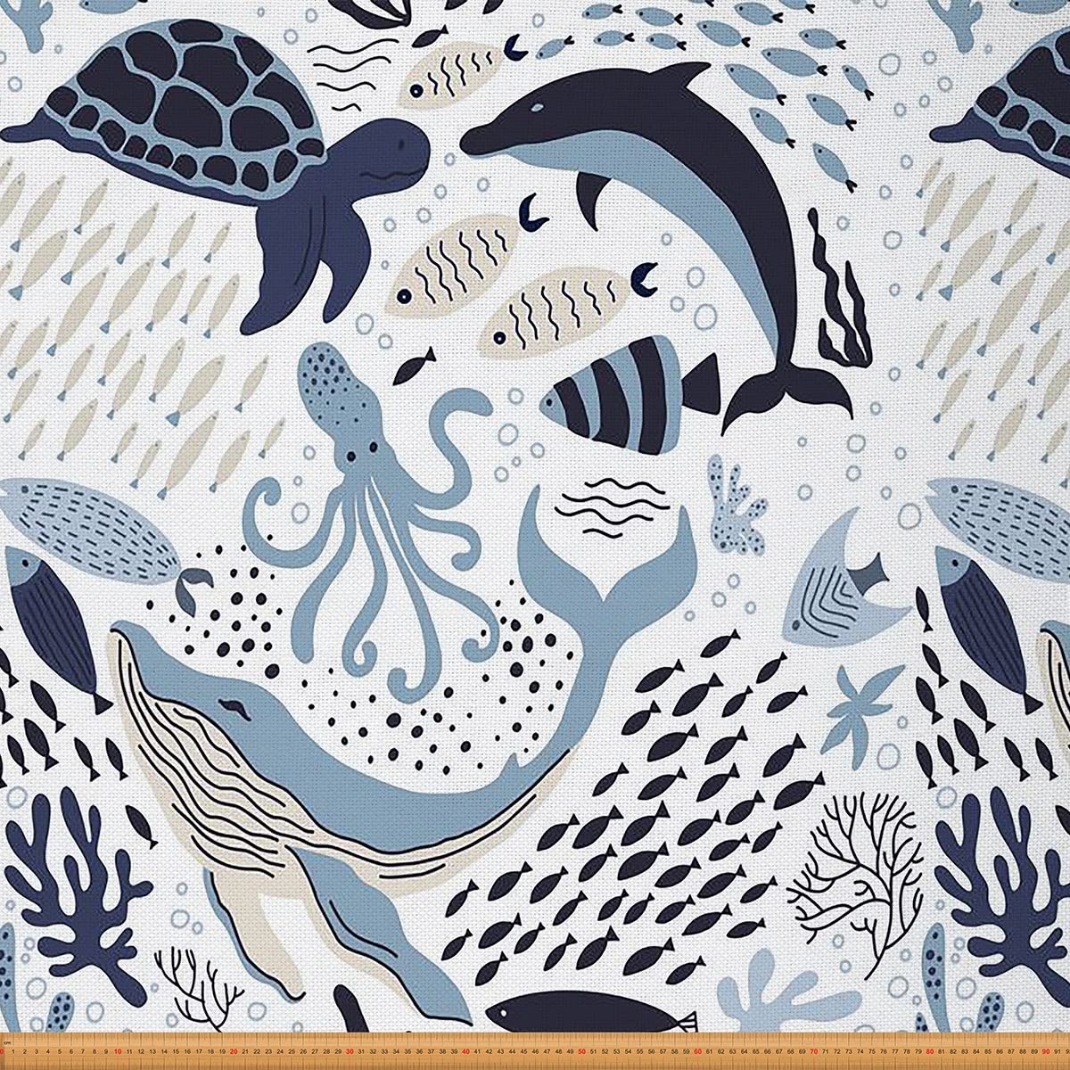 Homewish Multi 24 Ocean Fabric By The Yard, Sea Turtle Upholstery Fabric, Whale Shark Sea Animal Decorative Fabric, Underwater World Oasis Waterproof Fabric, Diy Craft Patchwork, Blue, 3 Yards