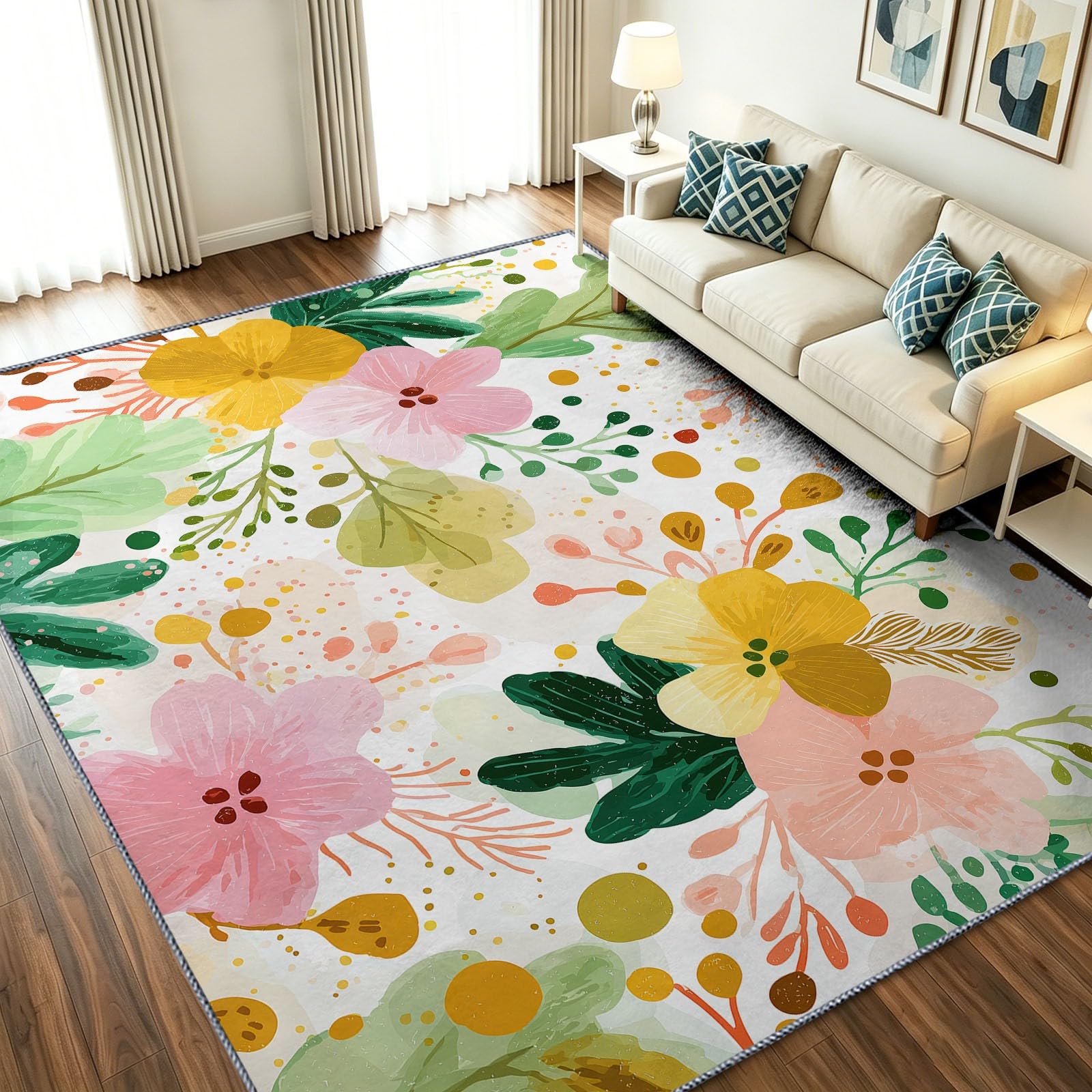 Générique Dywan 160 x 230 cm bardzo miękki krótki włos, akwarela można prać w pralce i antypoślizgowy, dywan z kwiatami i liśćmi dywan sypialnia do wnętrz jadalnia, biuro kuchnia