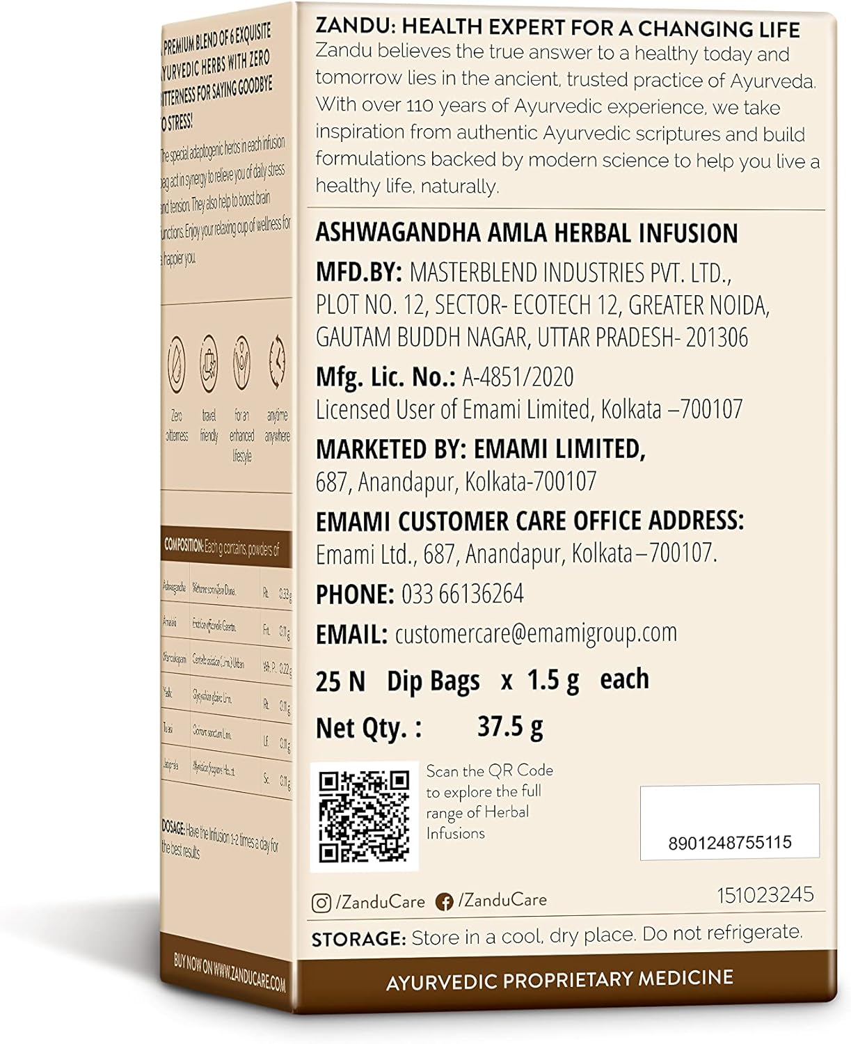 Zandu Ashwagandha Amla Ayurvedic Infusion, a Herbal Tea Enriched with 6 Ayurvedic Ingredients (25 Tea Bags)