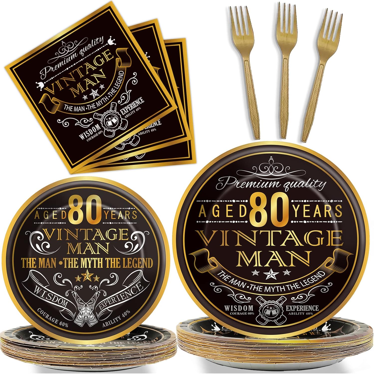 Wiooffen 96 Pcs Vintage 80th Party Tableware Set Back in 1946 80th Theme Birthday Party Table Decoration Supplies Cheers to 80 Years Paper Plate Napkin Fork 24 Guests for Men