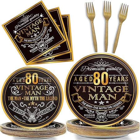 WiooffenWiooffen 96 Pcs Vintage 80th Party Tableware Set Back in 1945 80th Theme Birthday Party Table Decoration Supplies Cheers to 80 Years Paper Plate Napkin Fork 24 Guests for Men