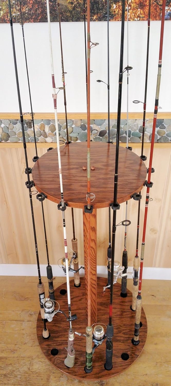 16-Pole Oak Rotating Fishing Rod Reel Display 16 Place Wood Rack